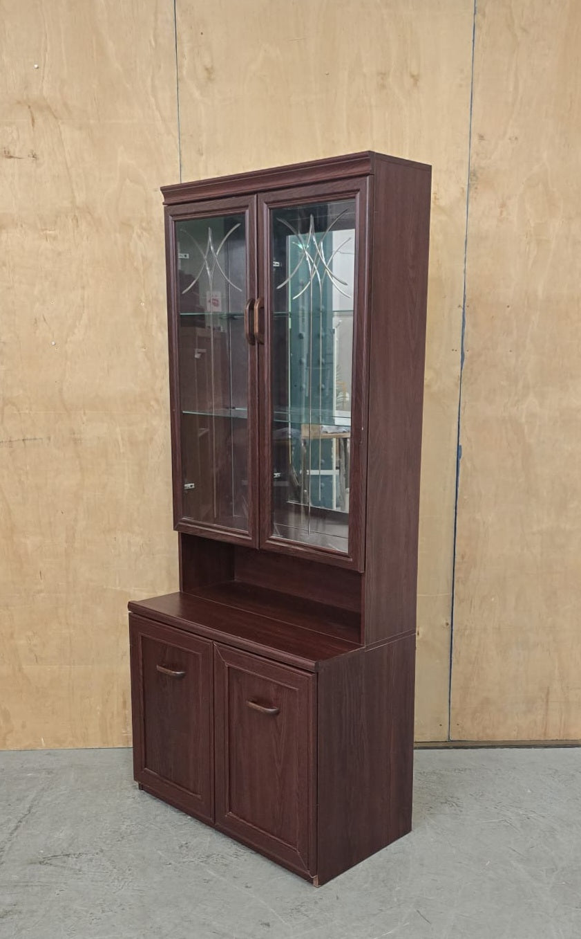 Dark Stained Wood Glass Door Cabinet in Two Sections - 104742