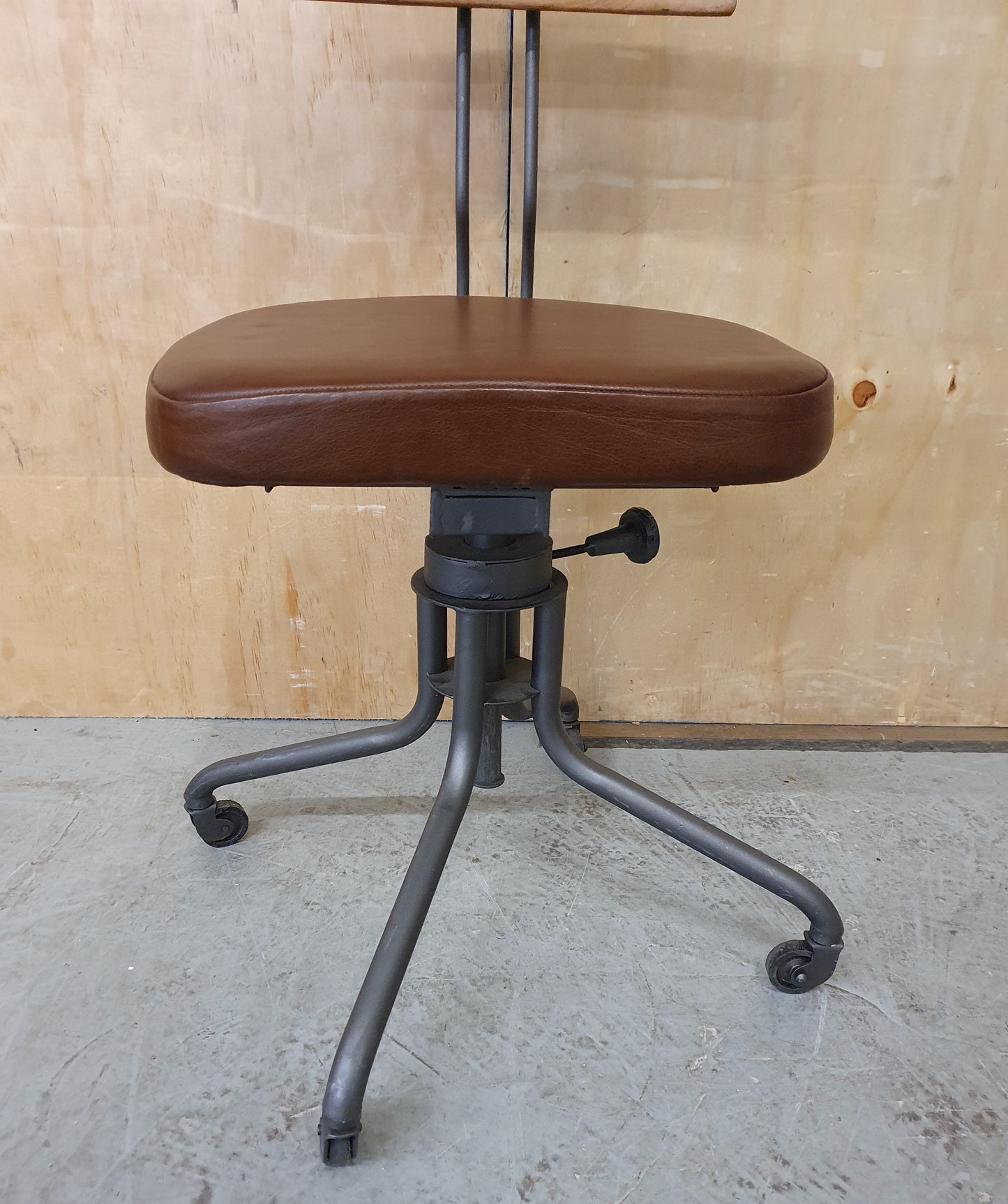 Single Metal Frame Height Adjustable Chair with Wood Back Rest and Brown Leather Seat - 103856