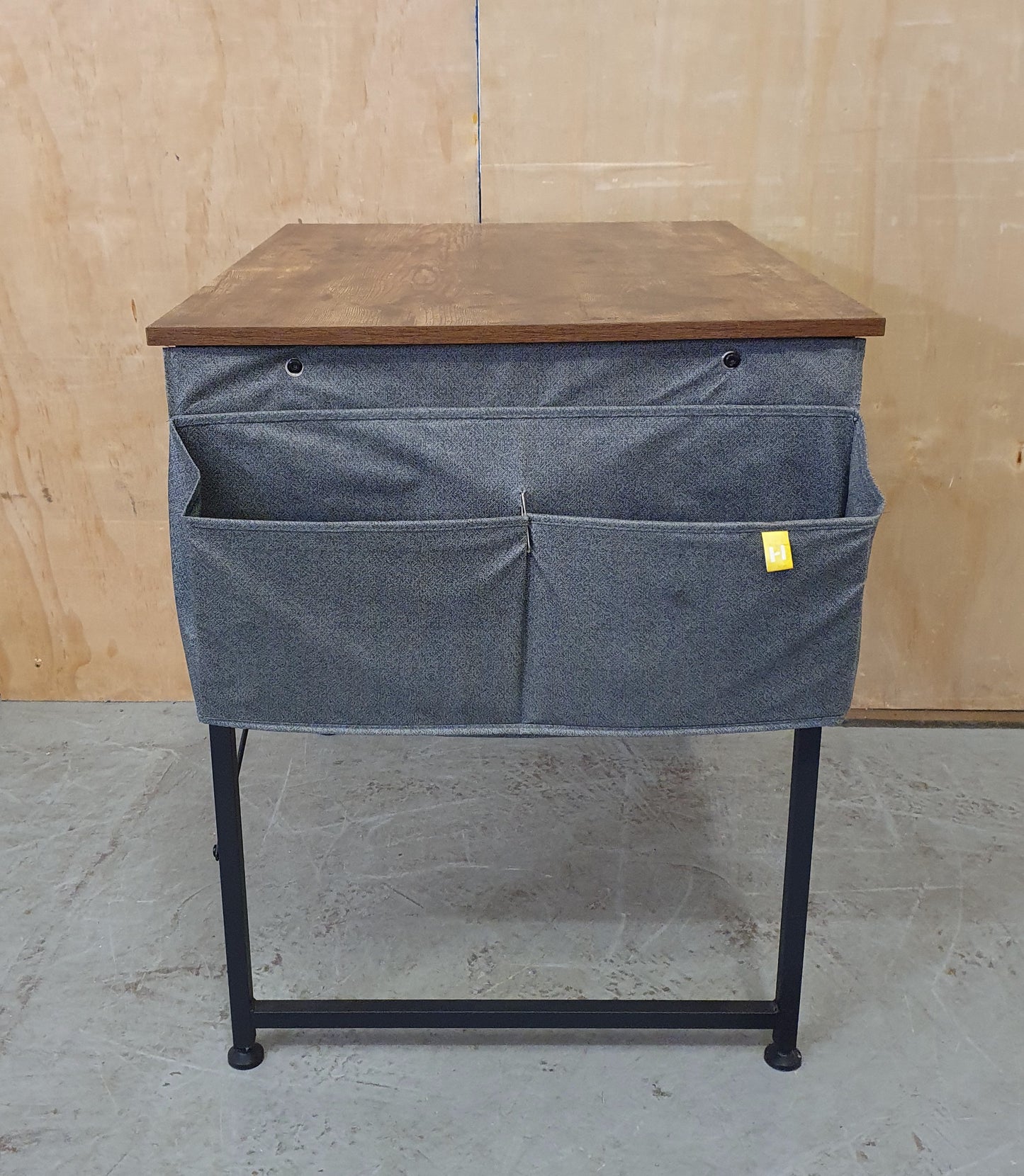 Small Dark Wood Top Desk with Black Metal Frame and Canvas Side Pouches - 104122