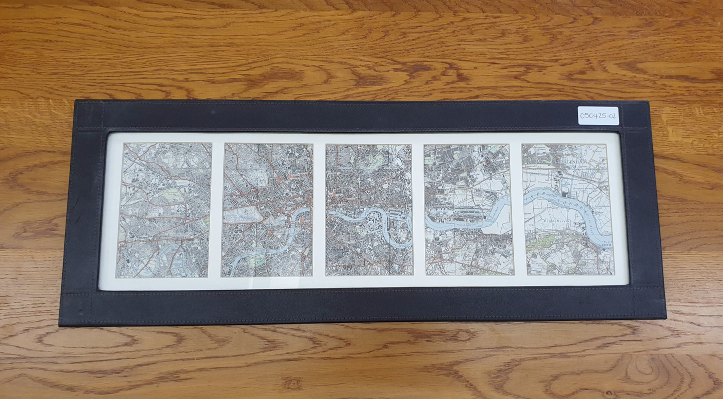 River Thames Map in Black Faux Leather Frame - 050425-02