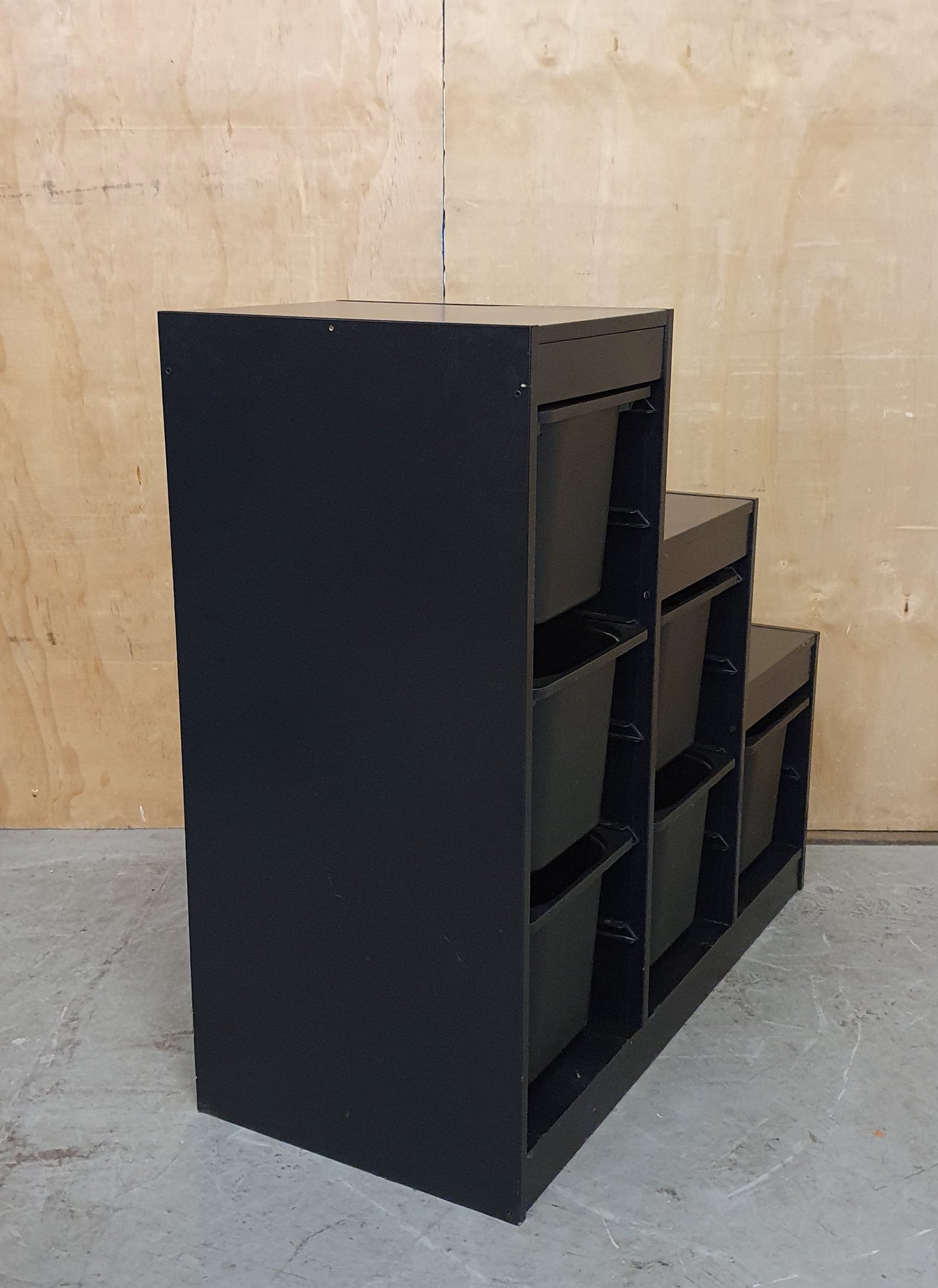Black Wood Framed Storage Unit with 6 Black Plastic Storage Bins - EL104656