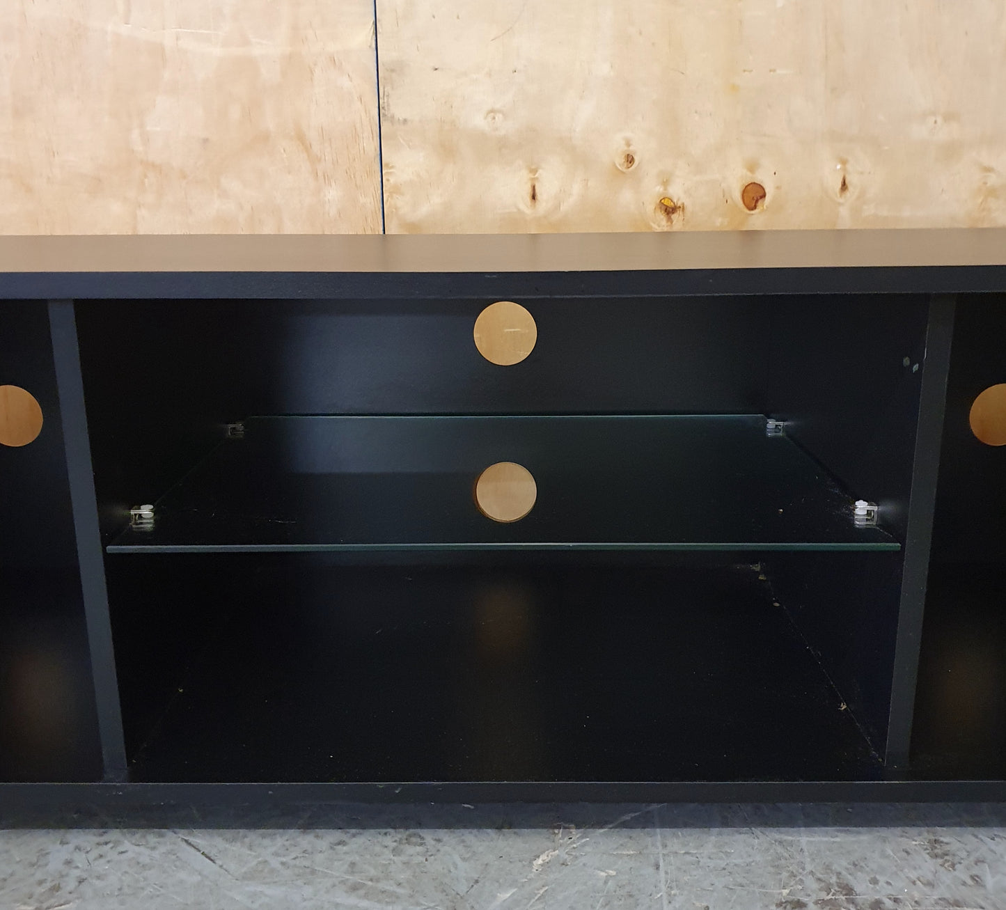 Black Gloss TV Stand with 2 Doors and Centre Glass Shelf - EL104258