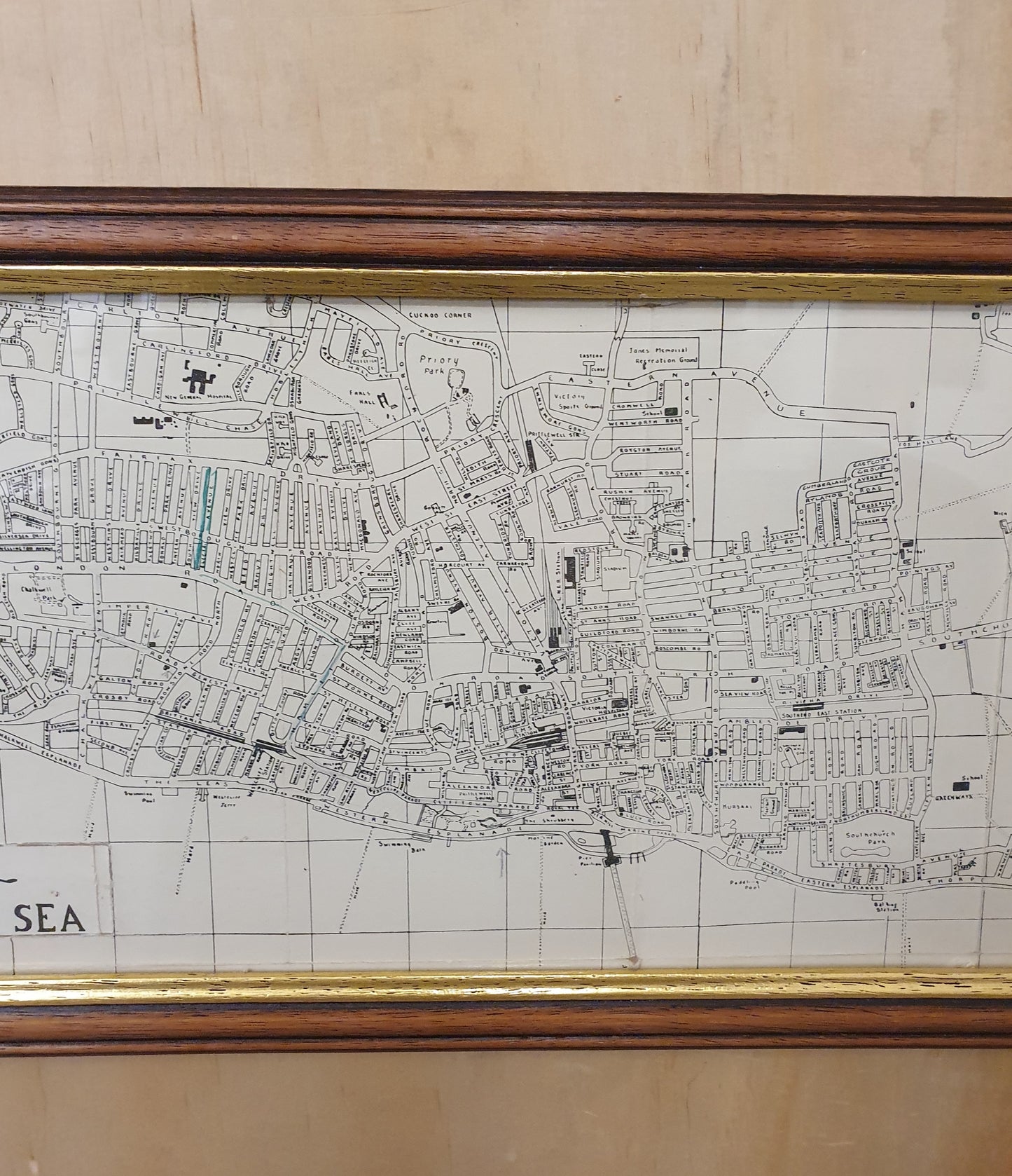 Large Southend on Sea Map in Wooden Frame - 050425-01