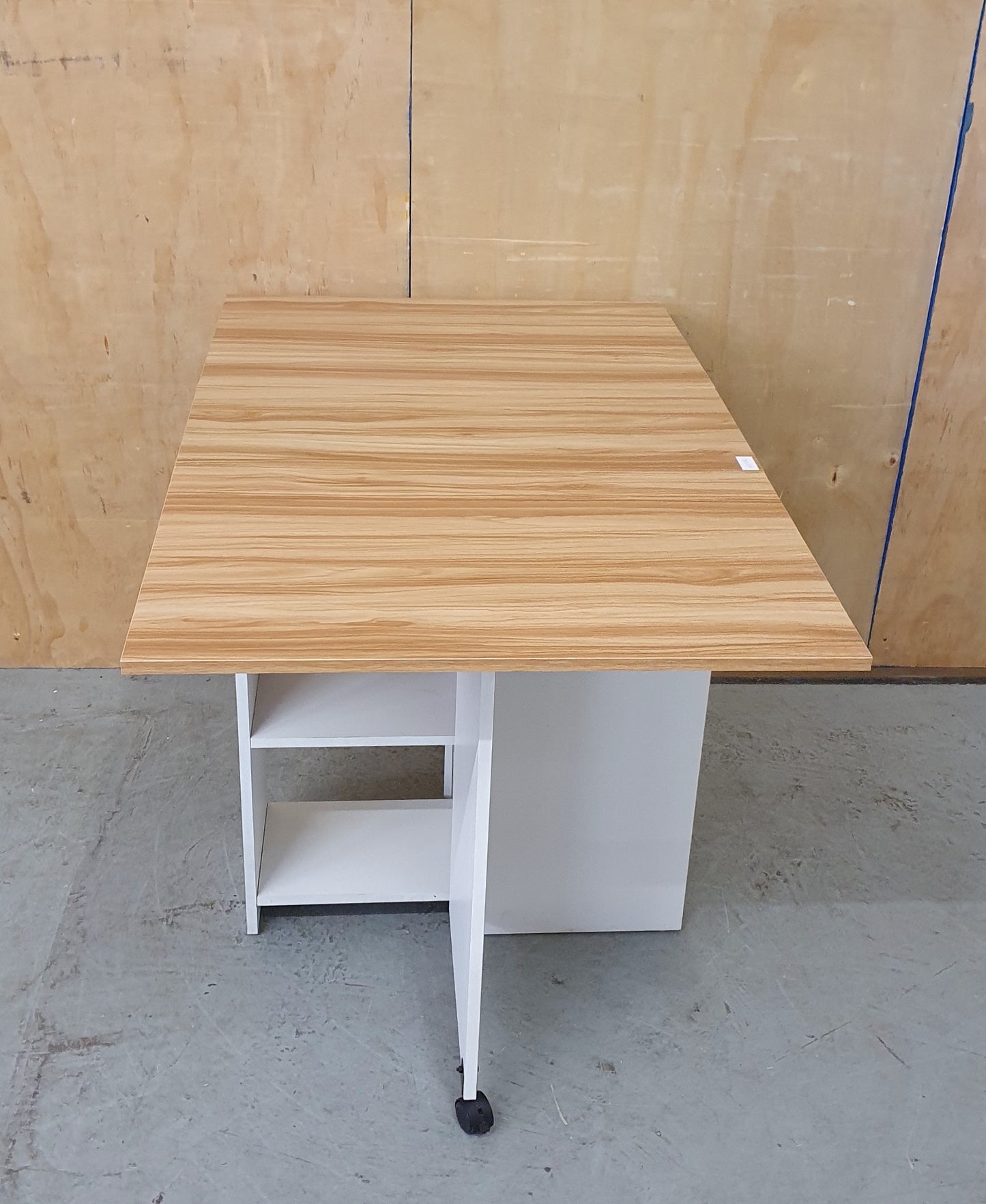 White Wood Drop Leaf Table with Lover Shelving and Castor Wheels - 103780