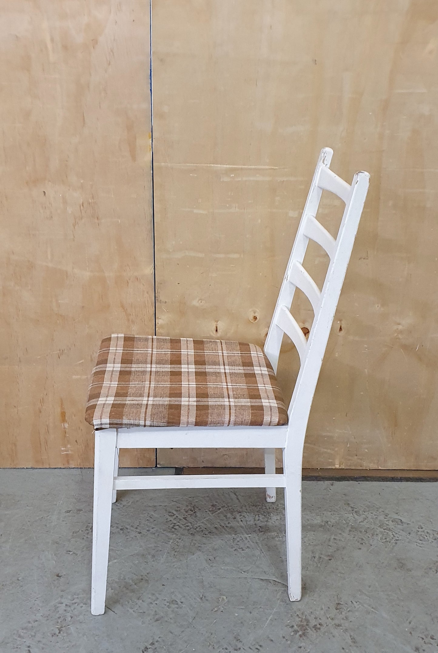 Single White Wood Dining Chair with Slatted Back Rest and Brown Check Fabric Seat Cover - EL104060
