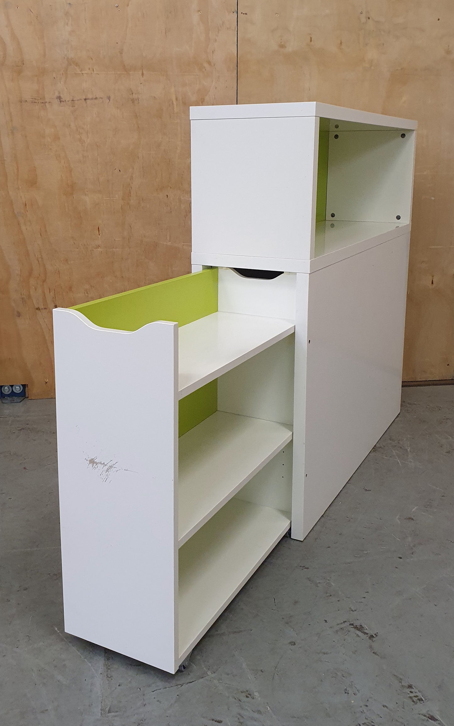 White and Lime Green Wodden Storage Unit with Pull-Out Drawer - EL104357