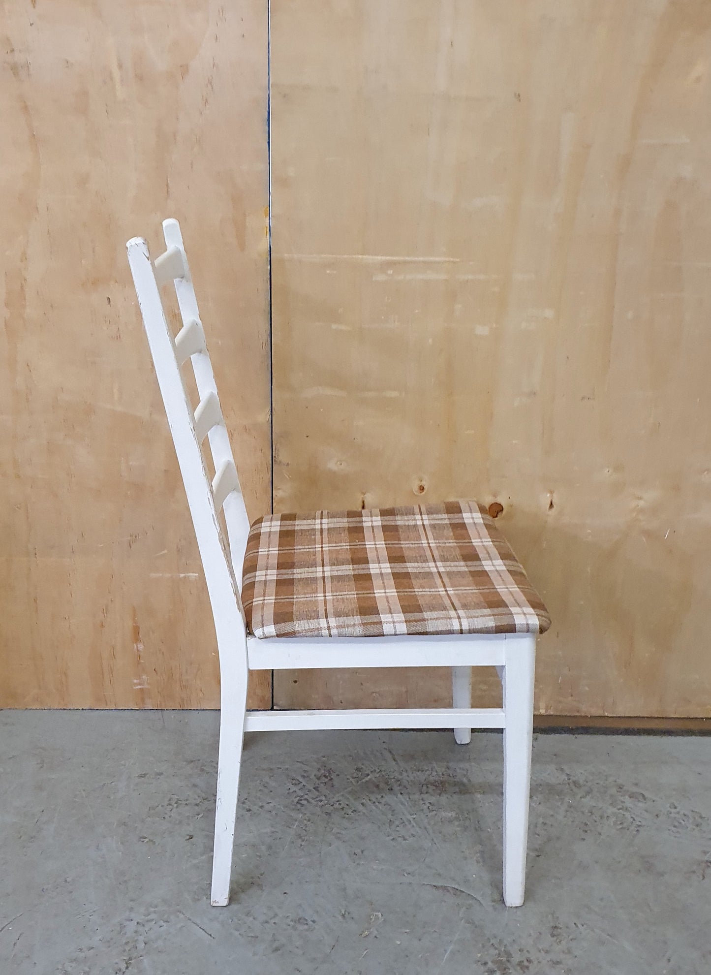 Single White Wood Dining Chair with Slatted Back Rest and Brown Check Fabric Seat Cover - EL104060