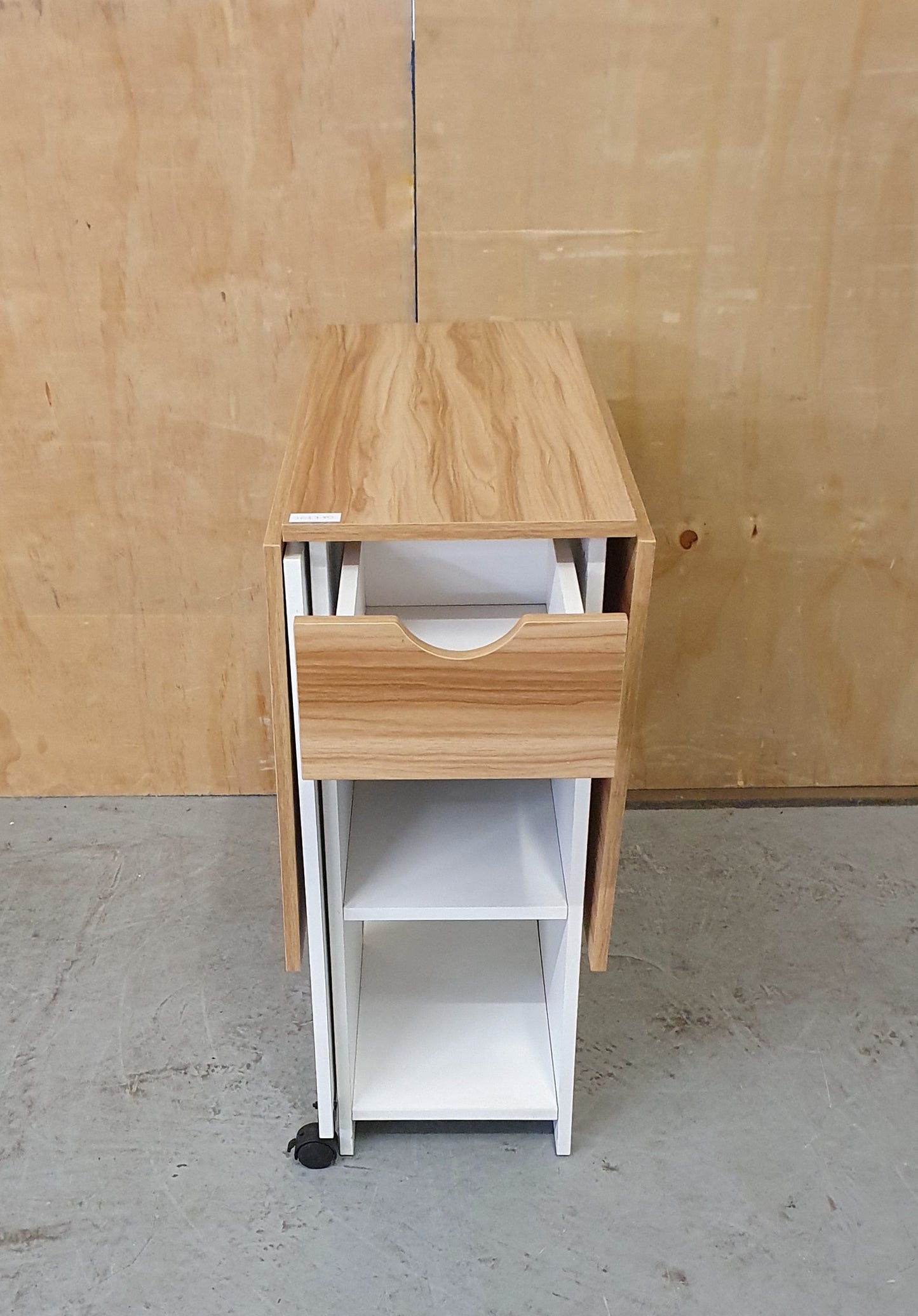 White Wood Drop Leaf Table with Lover Shelving and Castor Wheels - 103780