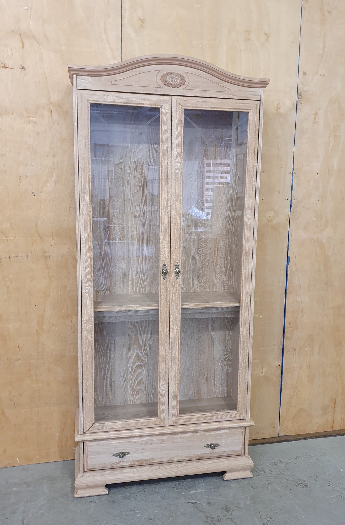 Large Wood Glass Door Cabinet with Bottom Drawer and 2 Interior Glass Shelves - 104708
