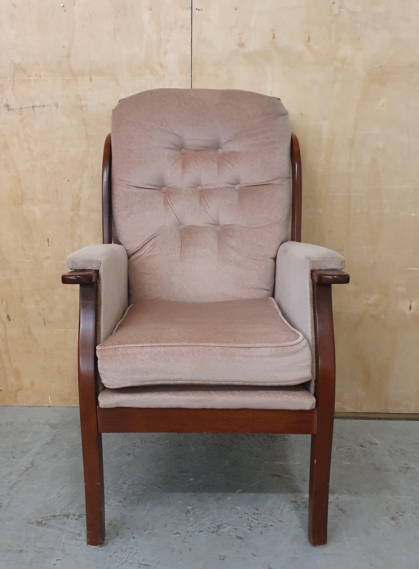 Maroon Velvet Armchair with Deep Buttoned Back Rest and Dark Wood Frame - 010825-01