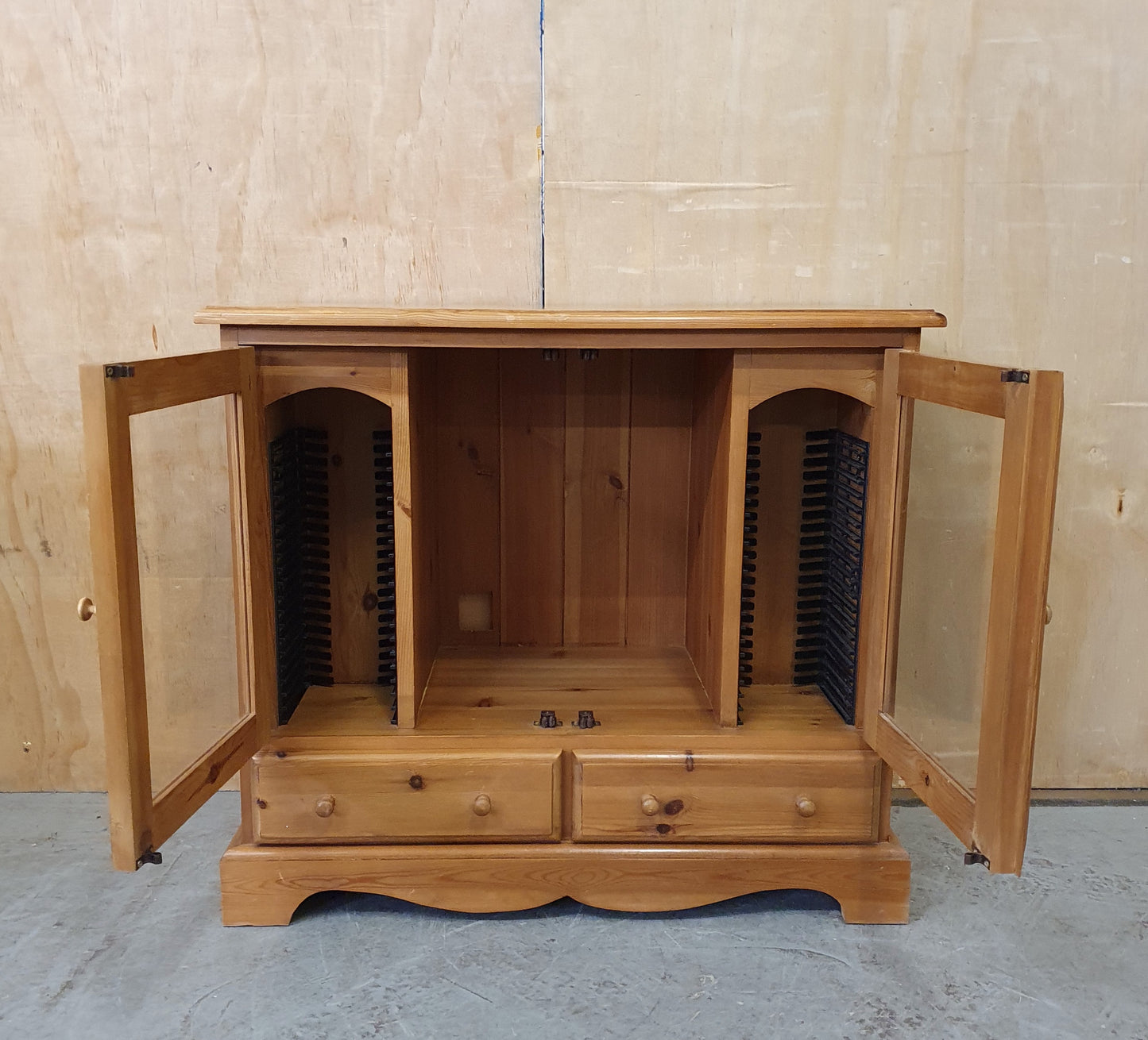 Small Glass Door Pine Cabinet with Drawers and Built In CD Racks - EL104074