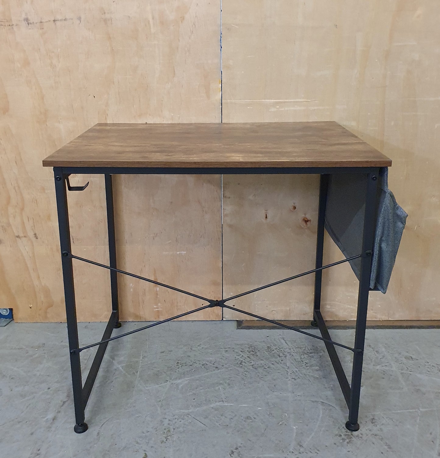 Small Dark Wood Top Desk with Black Metal Frame and Canvas Side Pouches - 104122