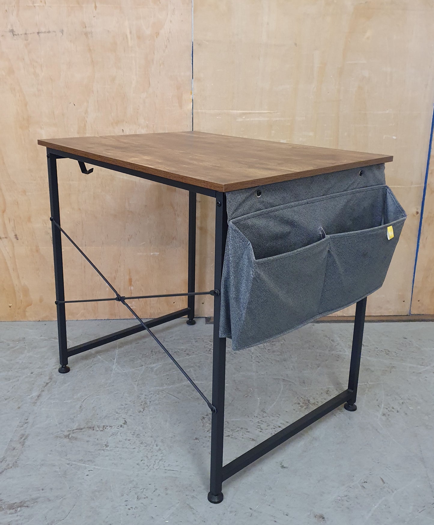 Small Dark Wood Top Desk with Black Metal Frame and Canvas Side Pouches - 104122