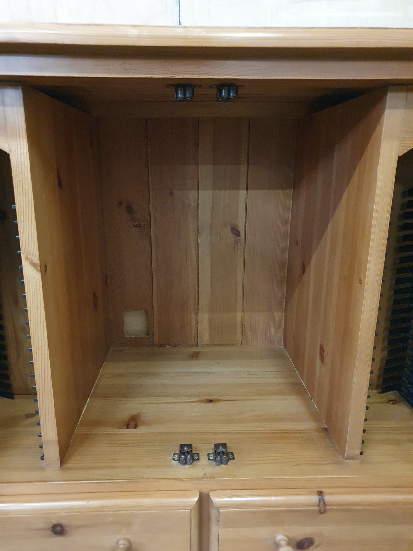 Small Glass Door Pine Cabinet with Drawers and Built In CD Racks - EL104074