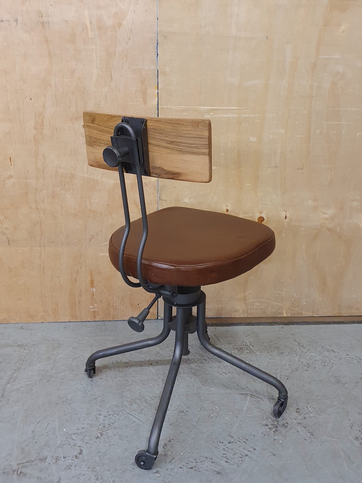 Single Metal Frame Height Adjustable Chair with Wood Back Rest and Brown Leather Seat - 103856