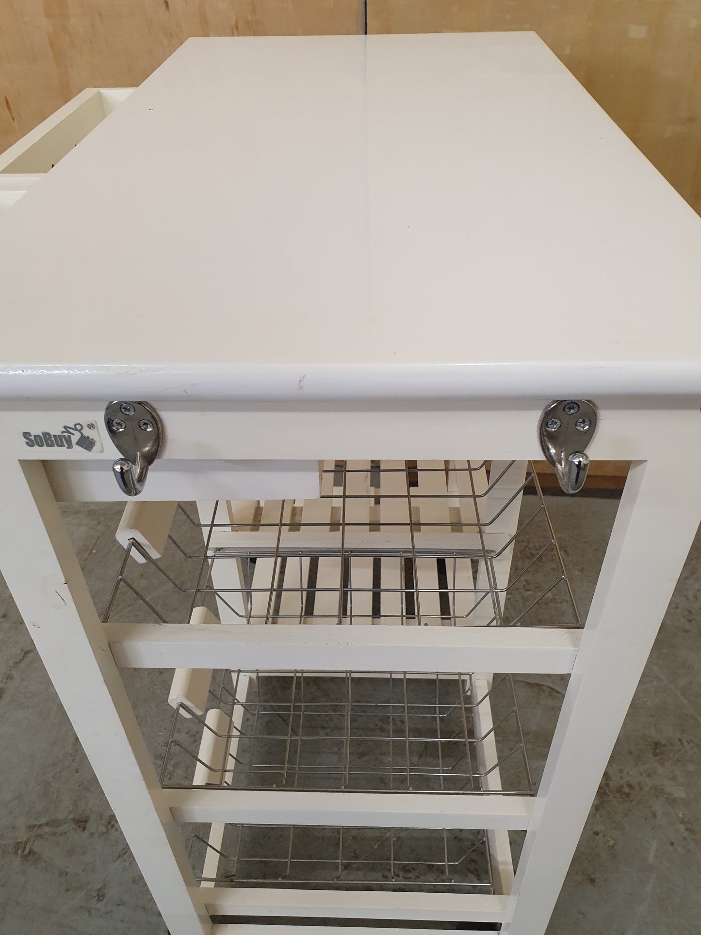SOBUY Small White Wooden Kitchen Trolly with Wire Baskets, Shelving ad 2 Drawers - EL103870