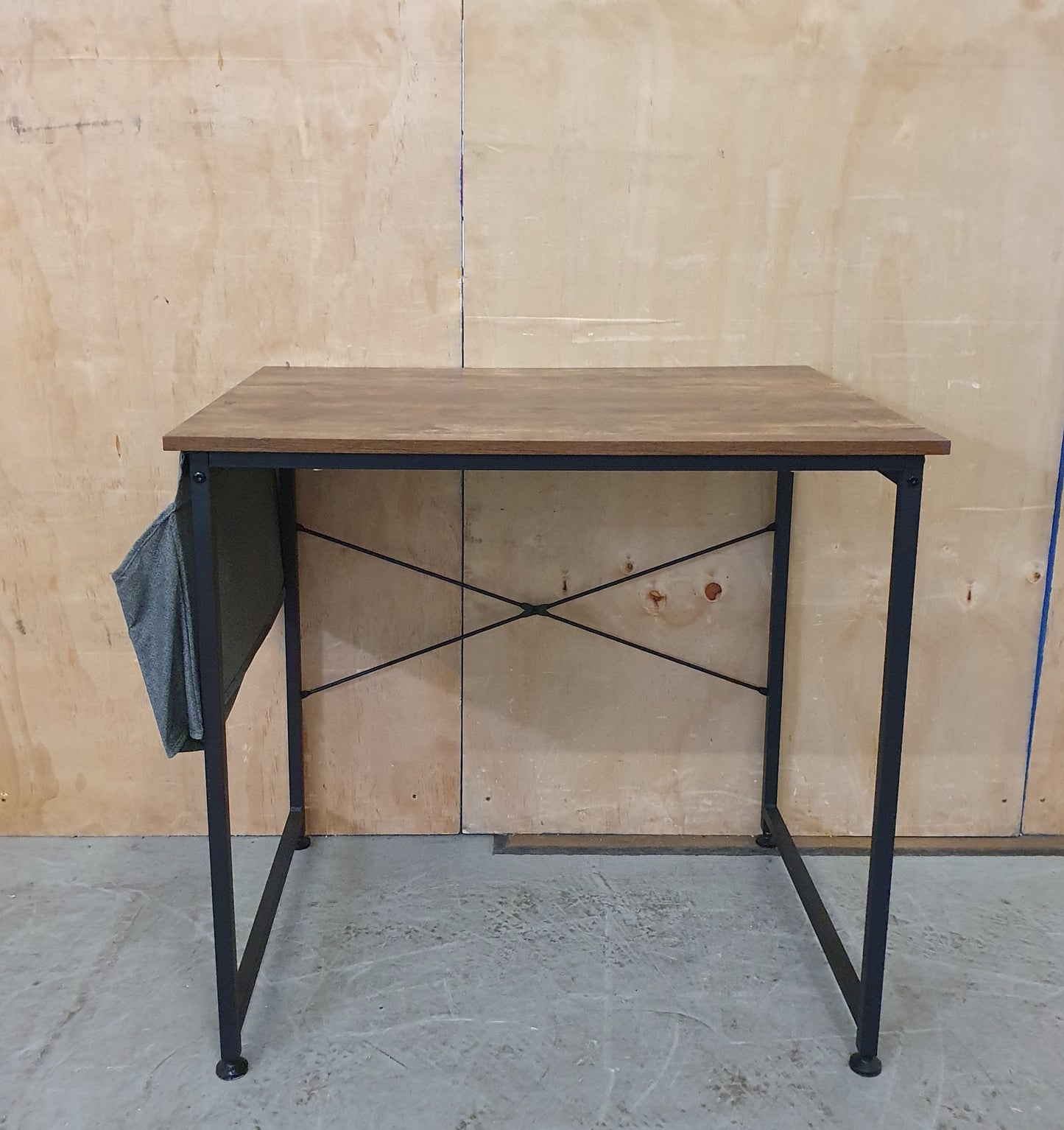 Small Dark Wood Top Desk with Black Metal Frame and Canvas Side Pouches - 104122