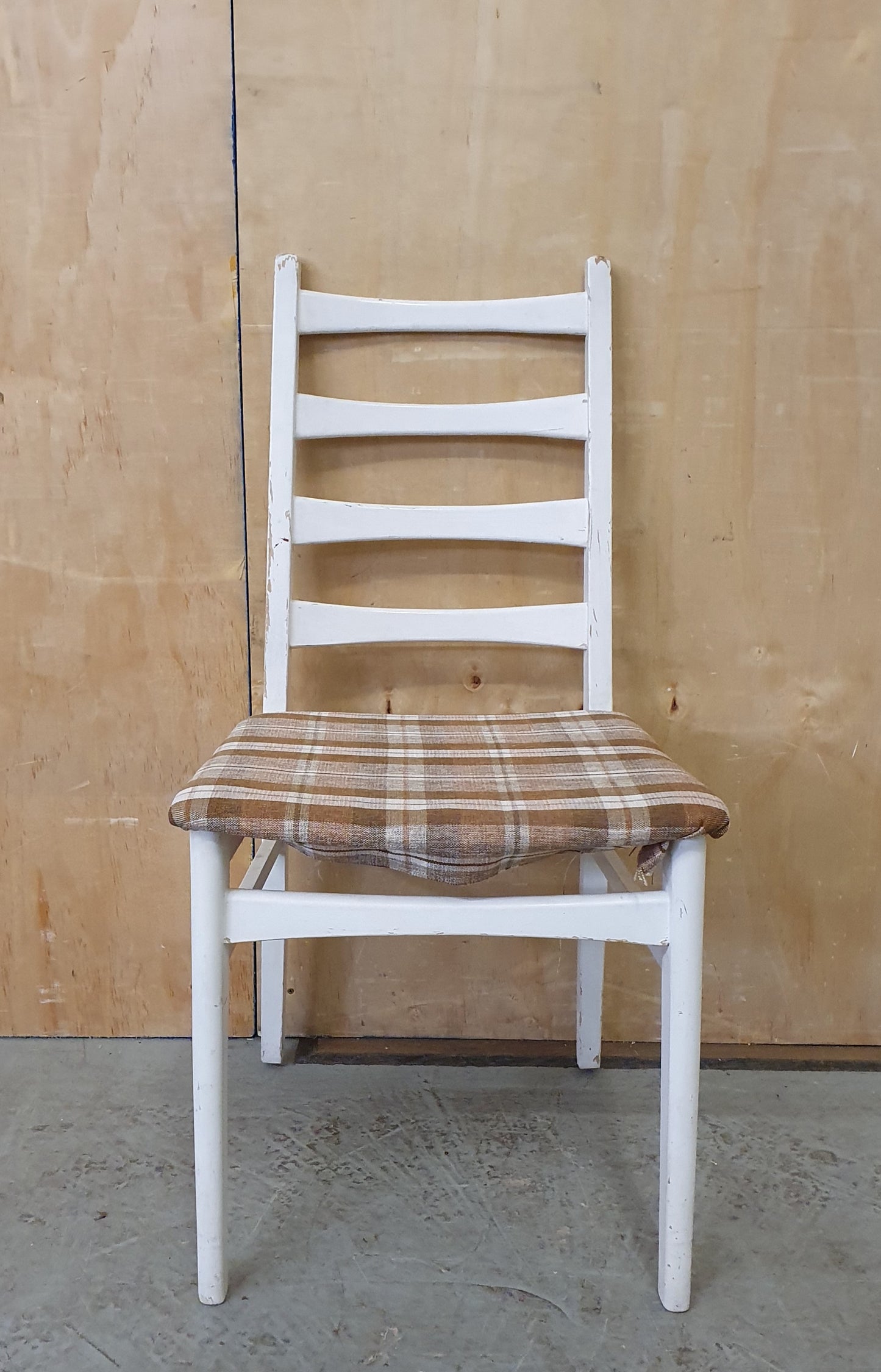 Single White Wood Dining Chair with Slatted Back Rest and Brown Check Fabric Seat Cover - EL104060