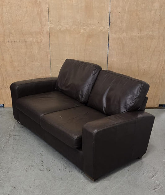 2 Seater Brown Leather Sofa with Block Wood Feet - 104702