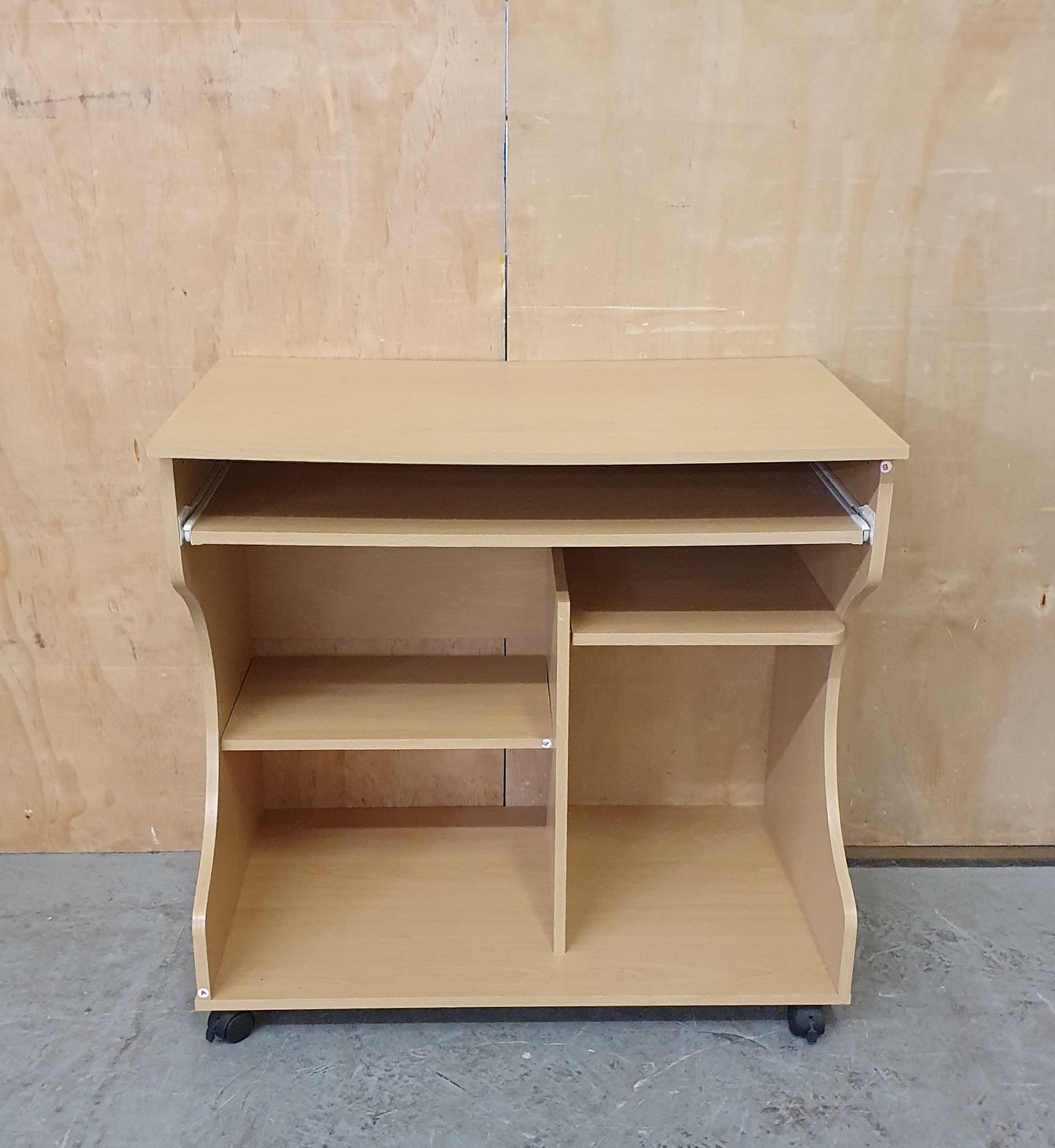Small Wood Desk with Pull Out Panel and Curved Sides on Castor Wheels - EL104479