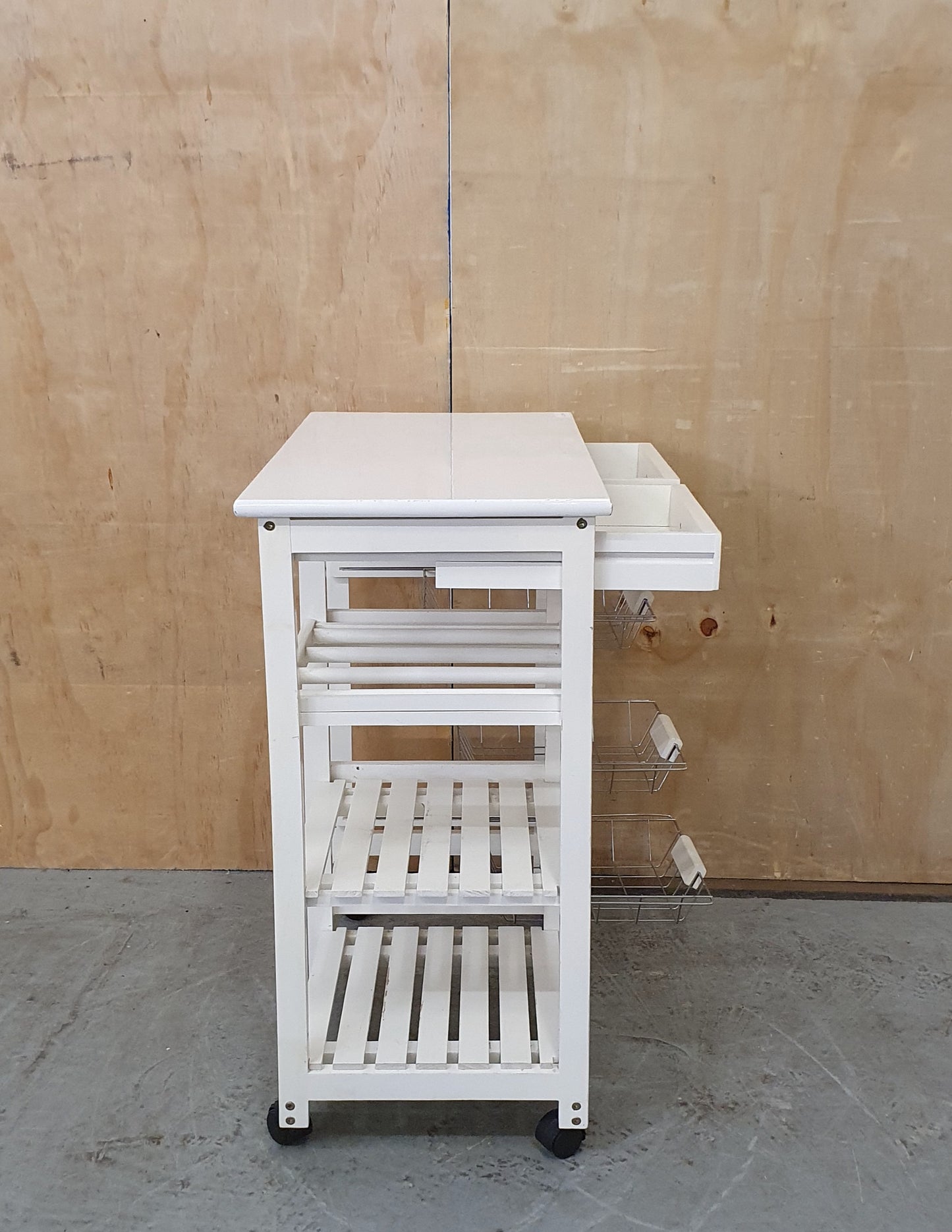 SOBUY Small White Wooden Kitchen Trolly with Wire Baskets, Shelving ad 2 Drawers - EL103870