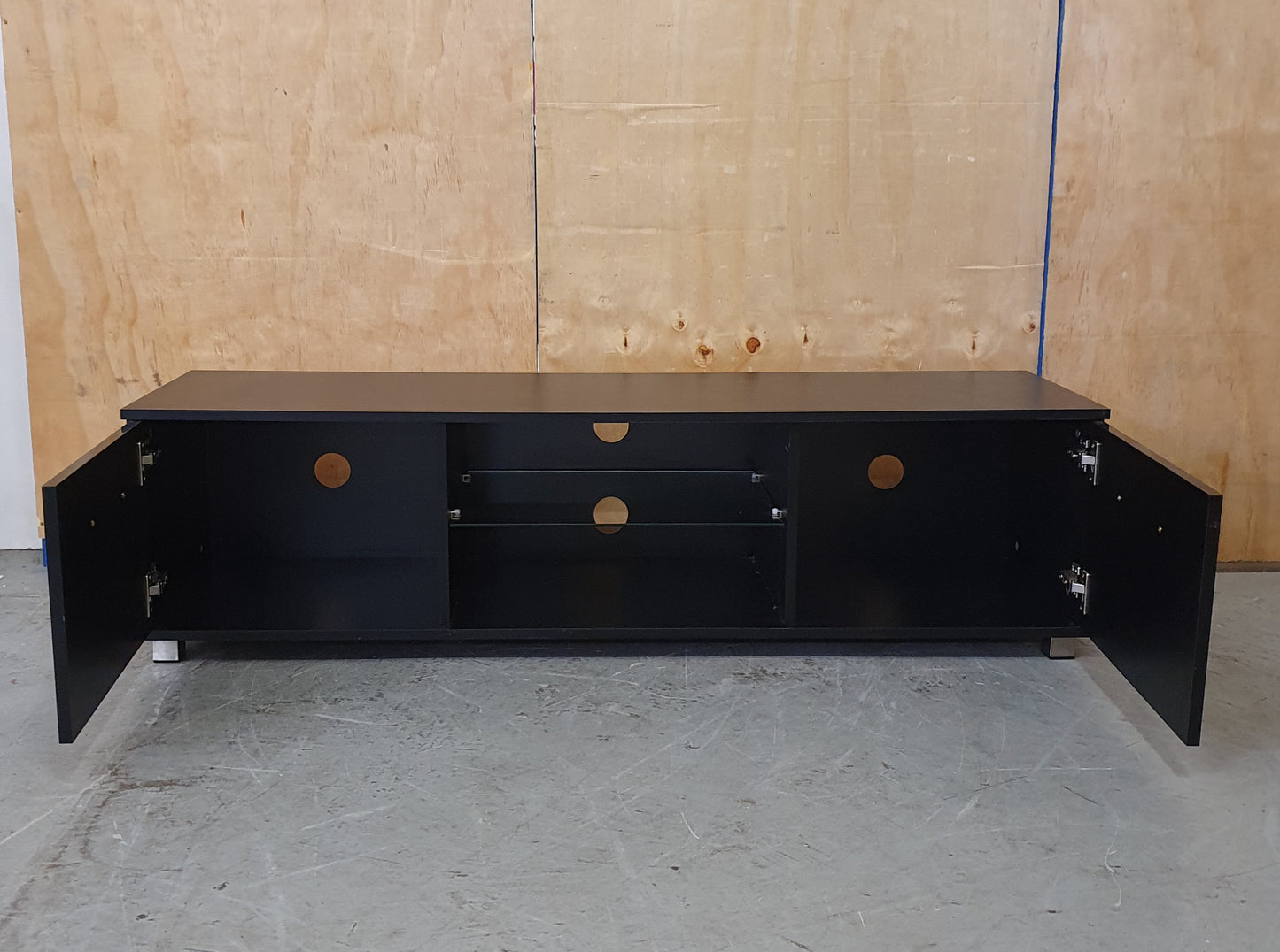 Black Gloss TV Stand with 2 Doors and Centre Glass Shelf - EL104258