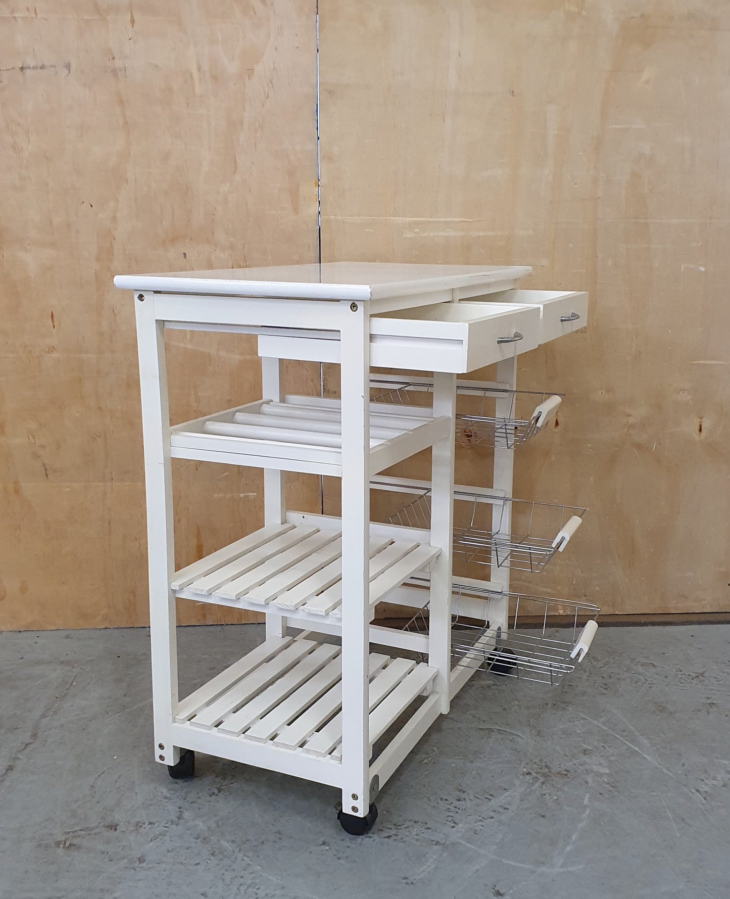 SOBUY Small White Wooden Kitchen Trolly with Wire Baskets, Shelving ad 2 Drawers - EL103870