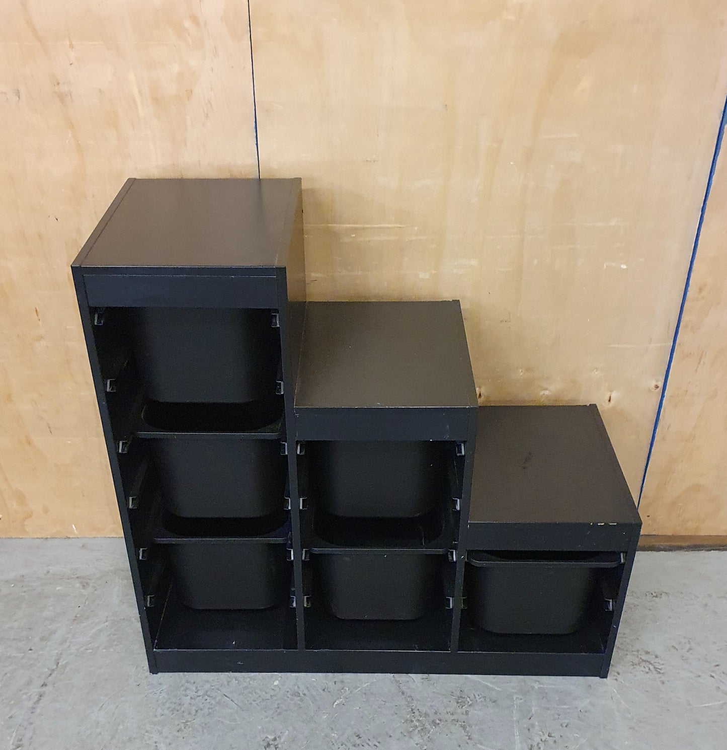 Black Wood Framed Storage Unit with 6 Black Plastic Storage Bins - EL104656