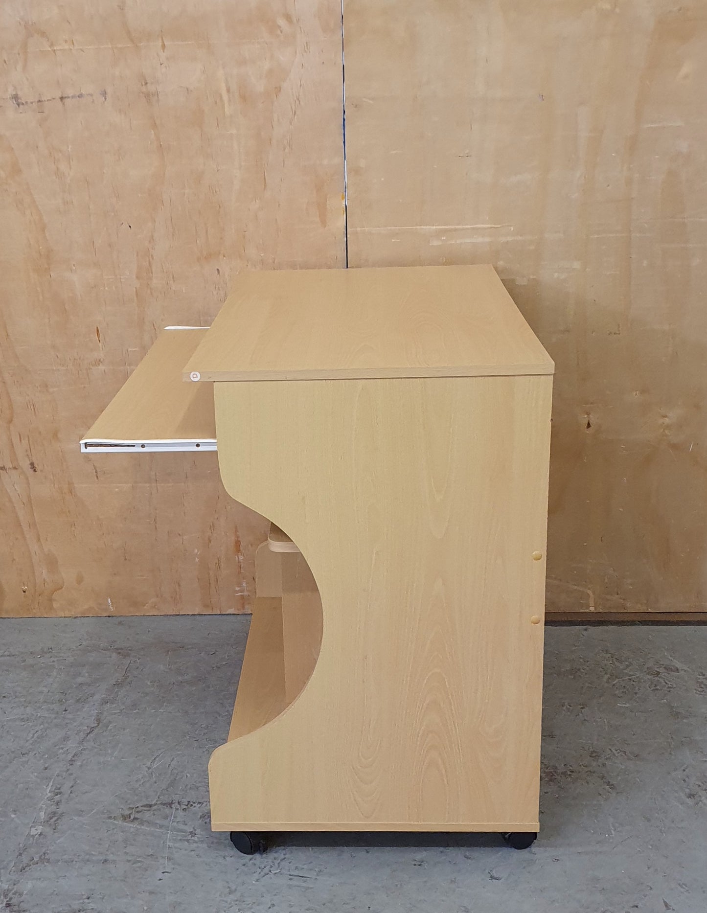 Small Wood Desk with Pull Out Panel and Curved Sides on Castor Wheels - EL104479