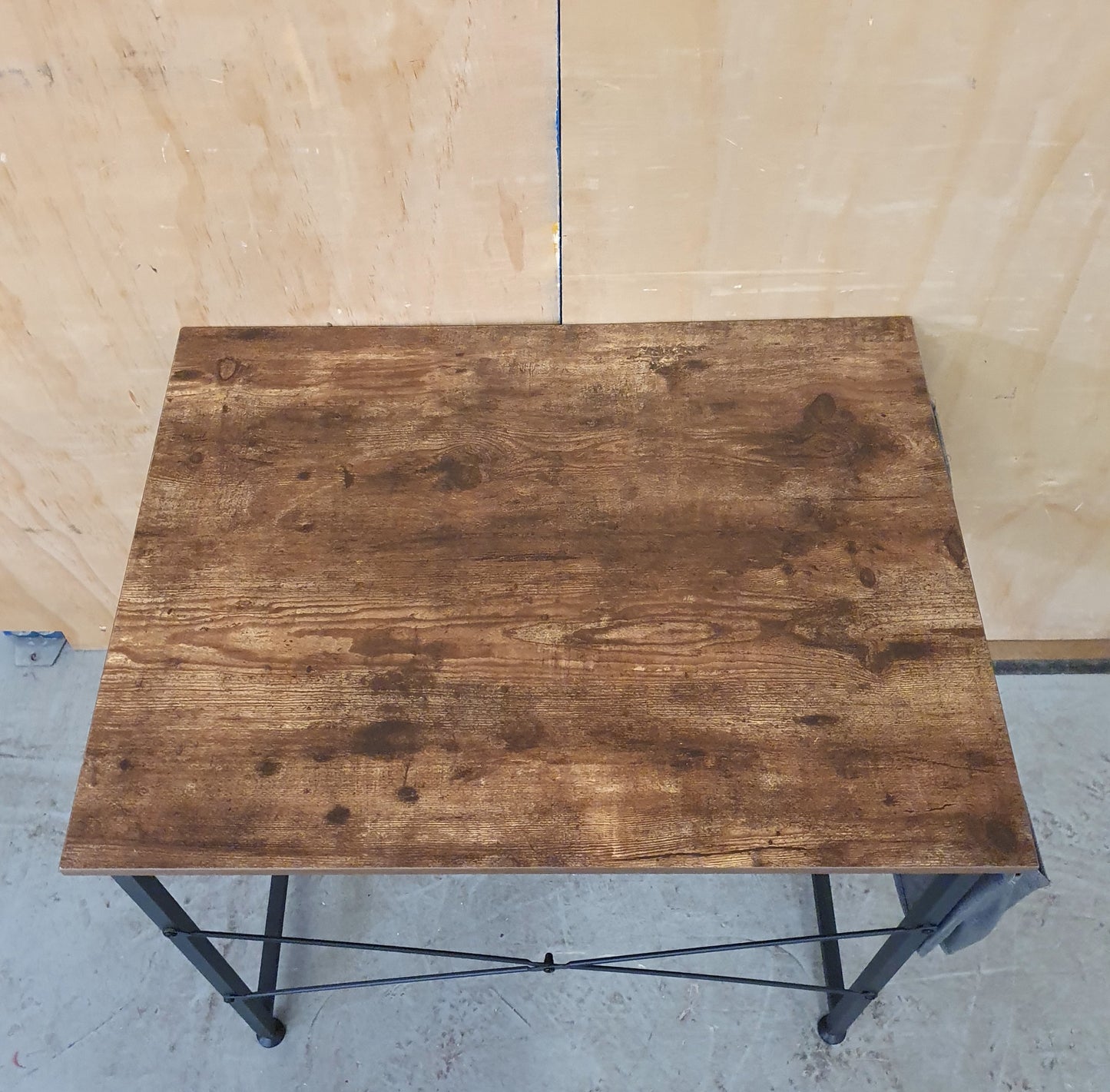 Small Dark Wood Top Desk with Black Metal Frame and Canvas Side Pouches - 104122