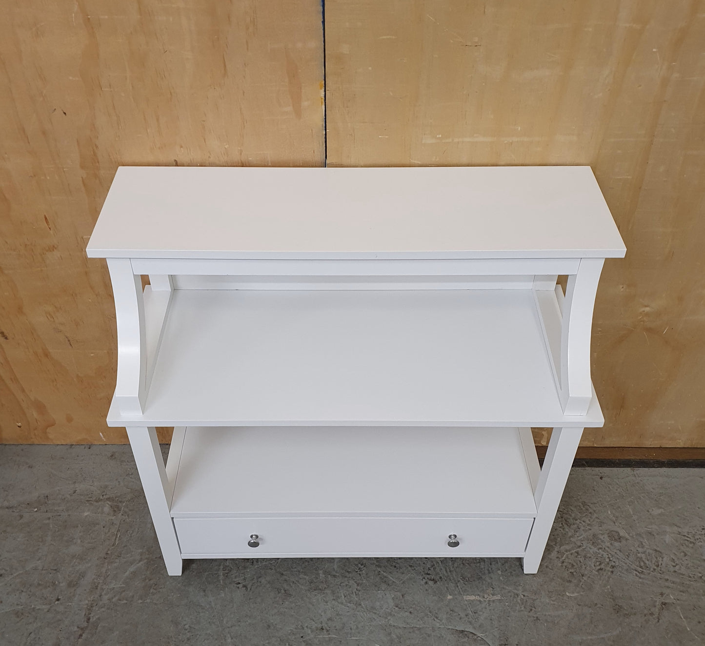 Small White Wood 2 tier Cabinet with 1 Drawer and Criss-Cross Back - 130825-07