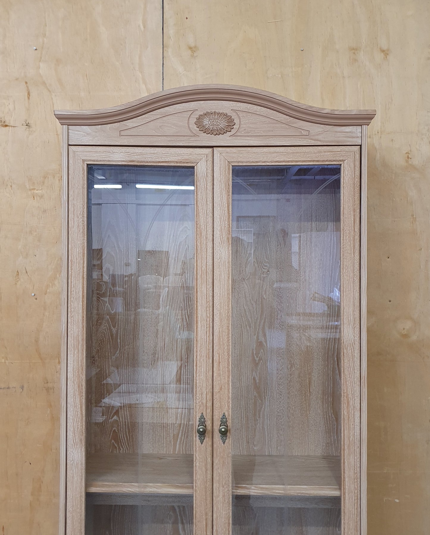 Large Wood Glass Door Cabinet with Bottom Drawer and 2 Interior Glass Shelves - 104708