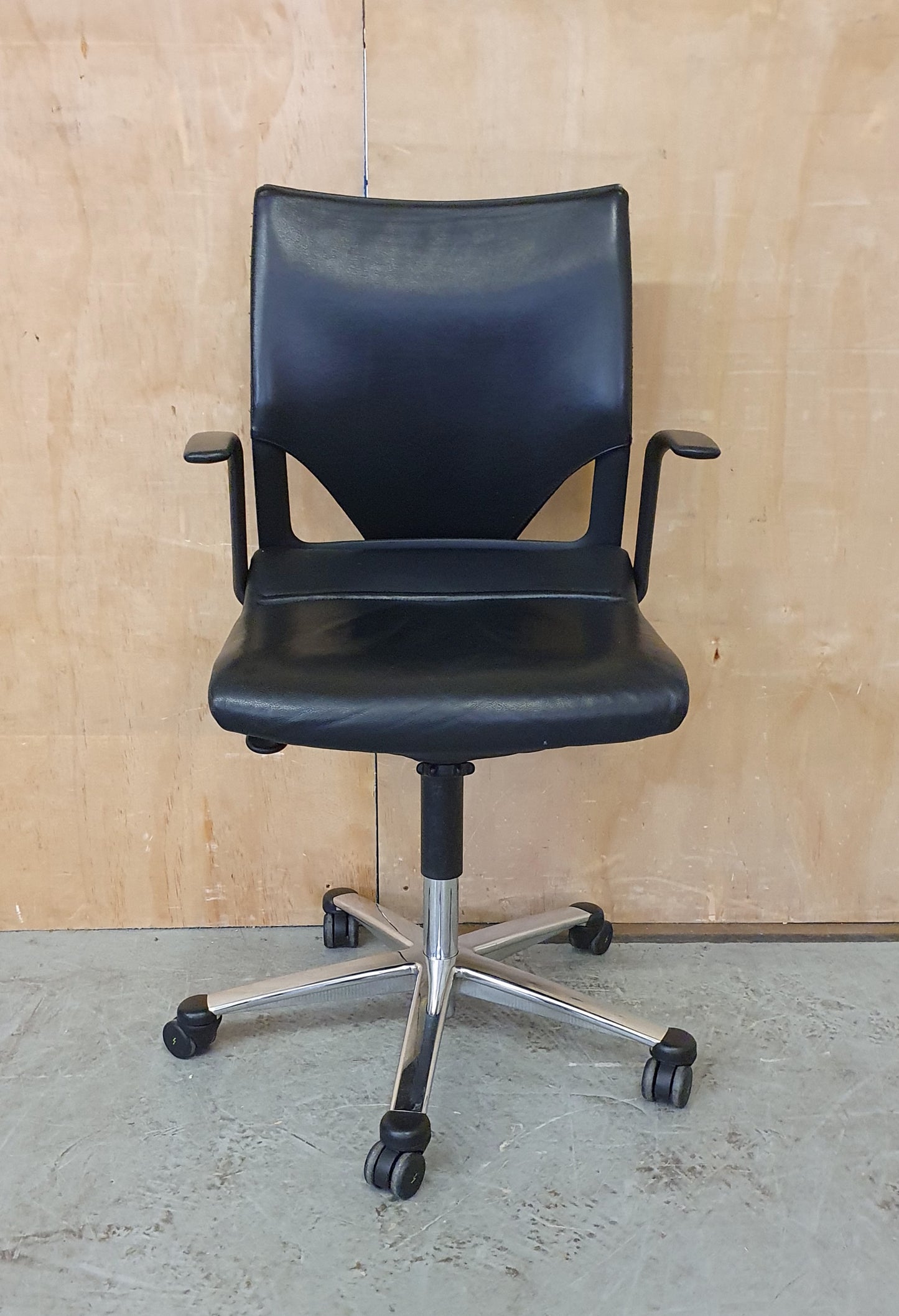 Black Leather Office Chair with Chrome Frame and Castor Wheels - 104337
