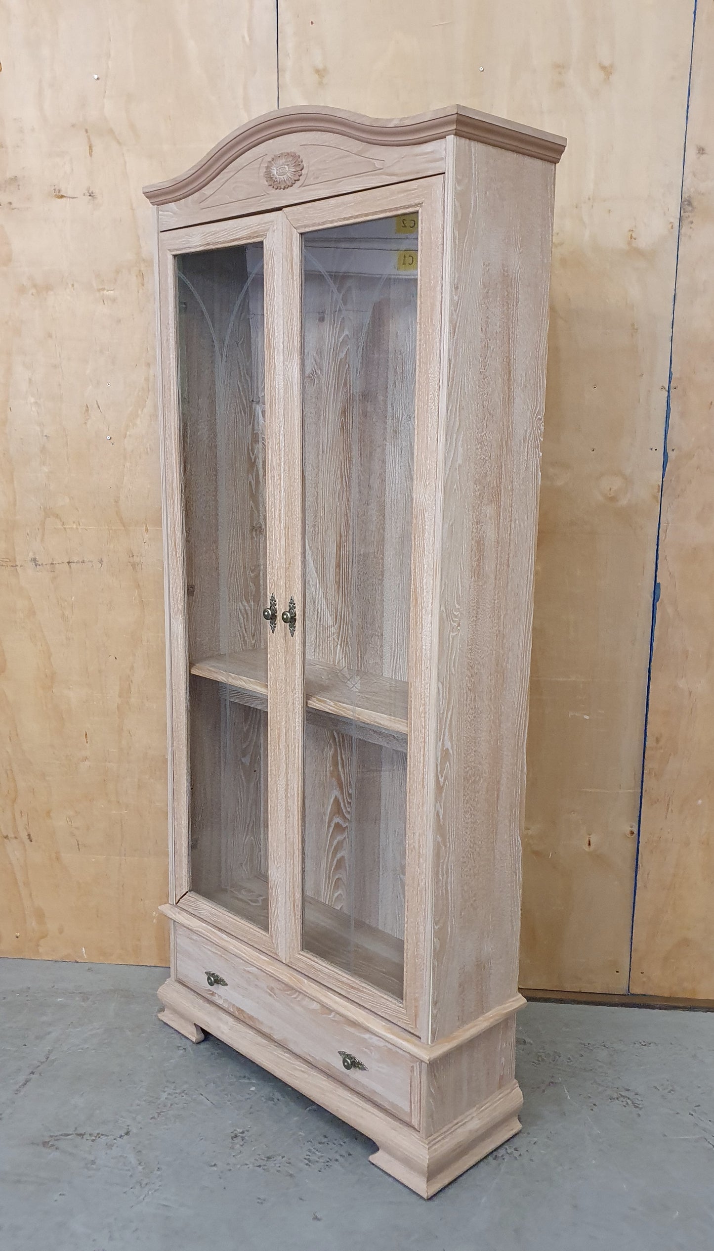 Large Wood Glass Door Cabinet with Bottom Drawer and 2 Interior Glass Shelves - 104708
