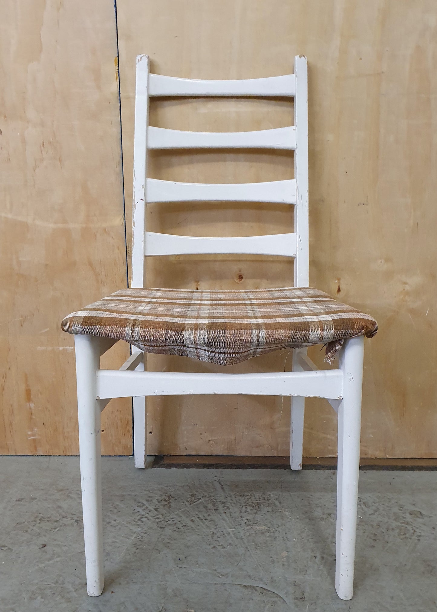 Single White Wood Dining Chair with Slatted Back Rest and Brown Check Fabric Seat Cover - EL104060