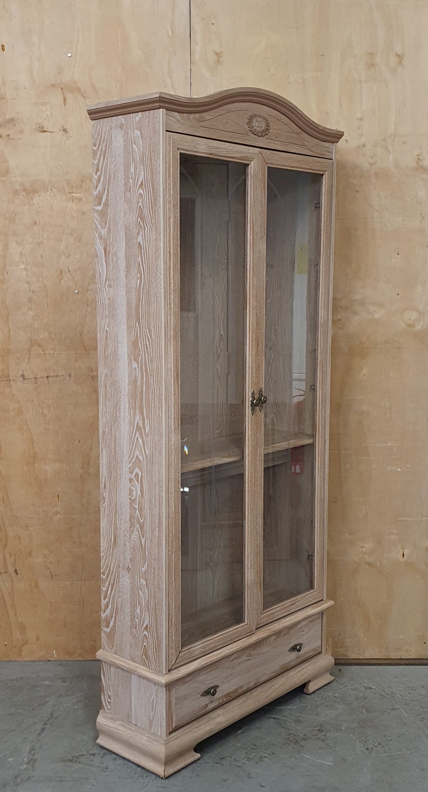 Large Wood Glass Door Cabinet with Bottom Drawer and 2 Interior Glass Shelves - 104708