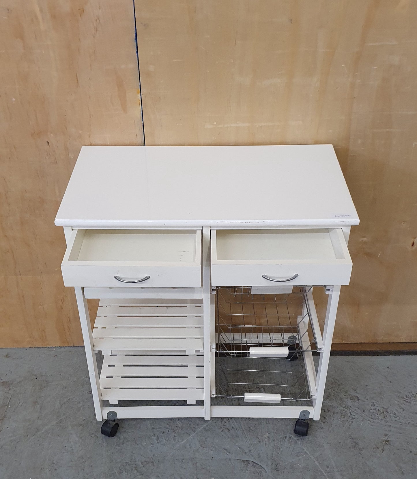 SOBUY Small White Wooden Kitchen Trolly with Wire Baskets, Shelving ad 2 Drawers - EL103870