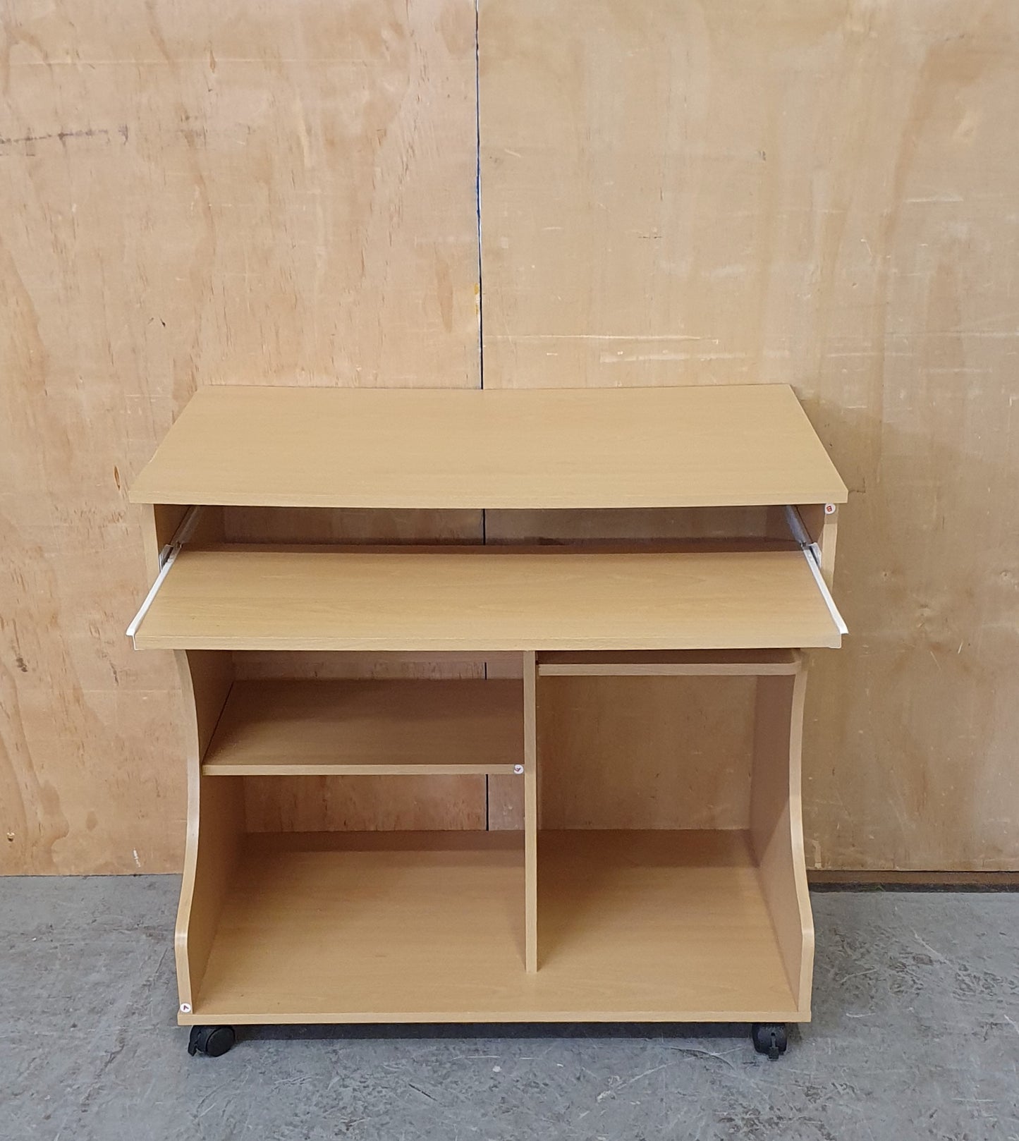 Small Wood Desk with Pull Out Panel and Curved Sides on Castor Wheels - EL104479