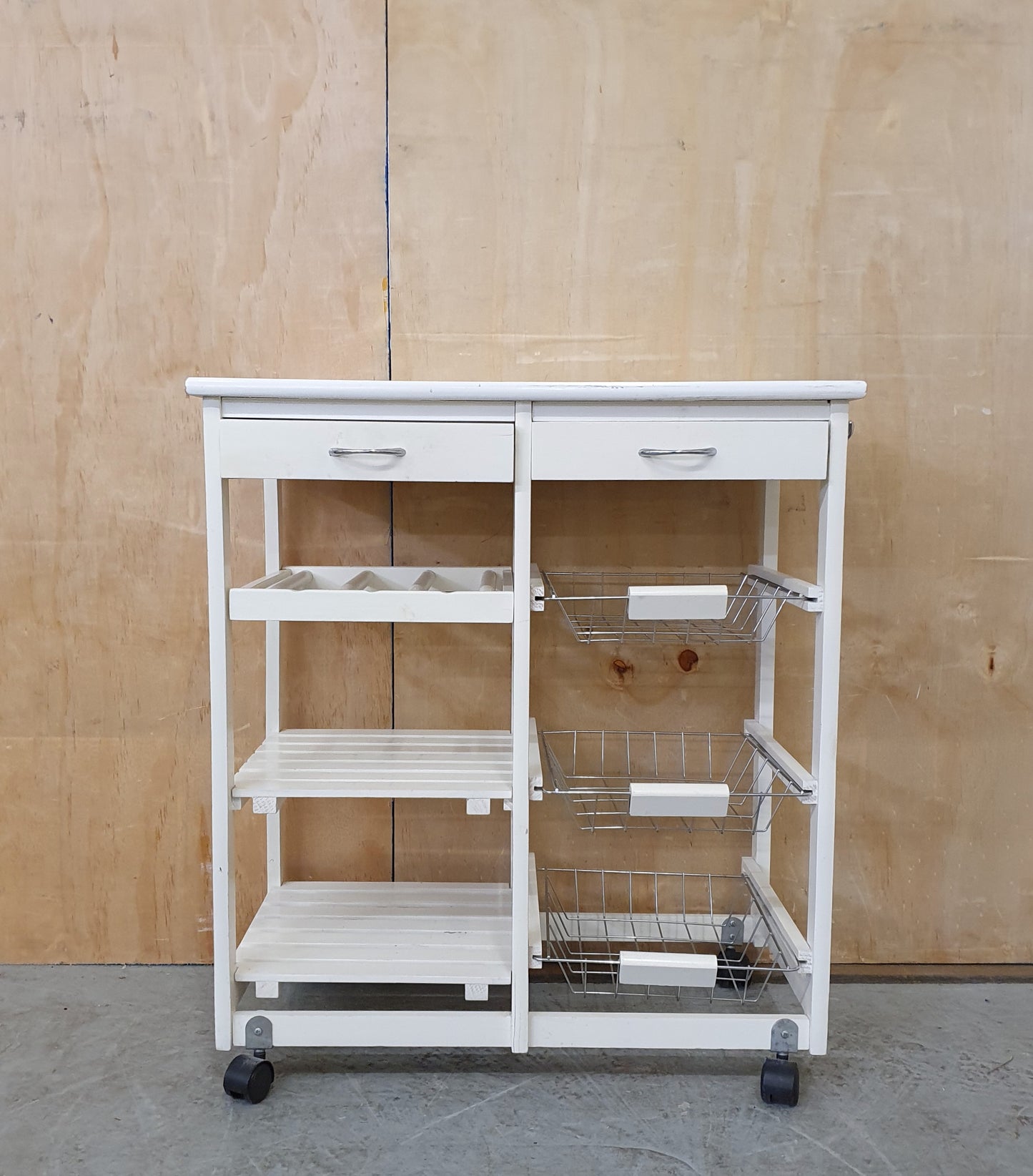 SOBUY Small White Wooden Kitchen Trolly with Wire Baskets, Shelving ad 2 Drawers - EL103870