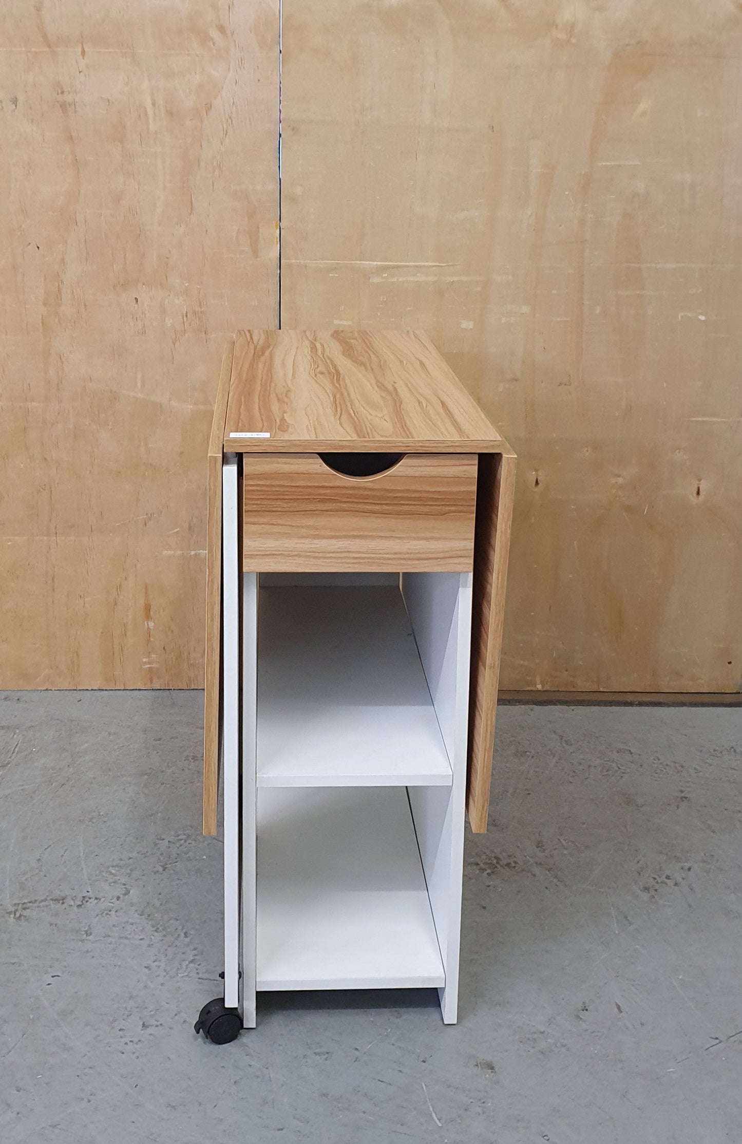 White Wood Drop Leaf Table with Lover Shelving and Castor Wheels - 103780