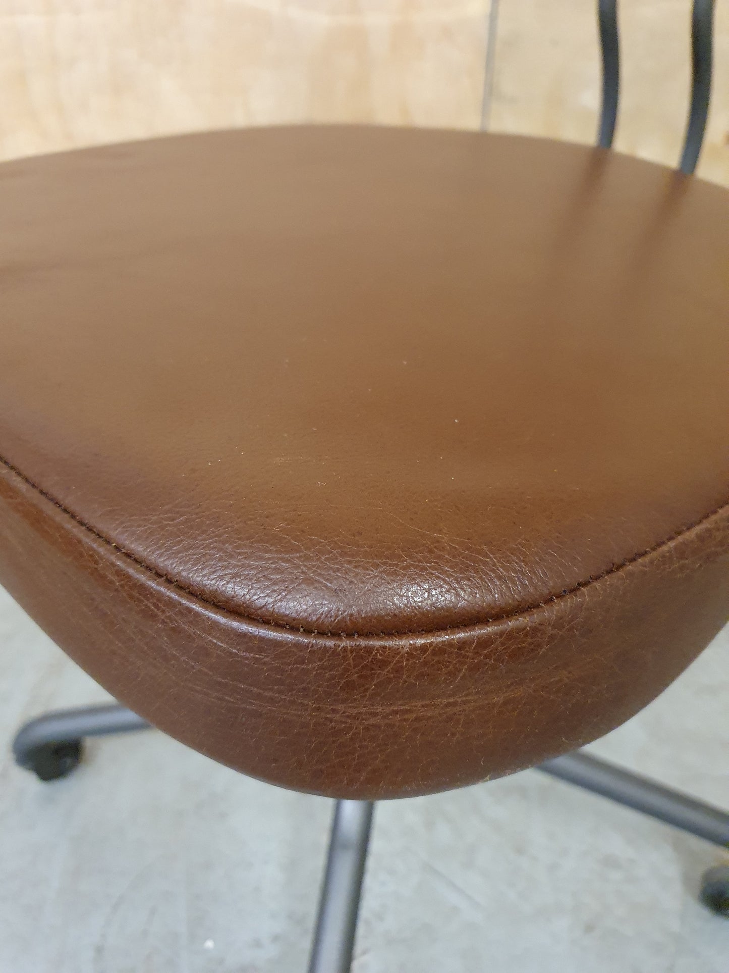 Single Metal Frame Height Adjustable Chair with Wood Back Rest and Brown Leather Seat - 103856