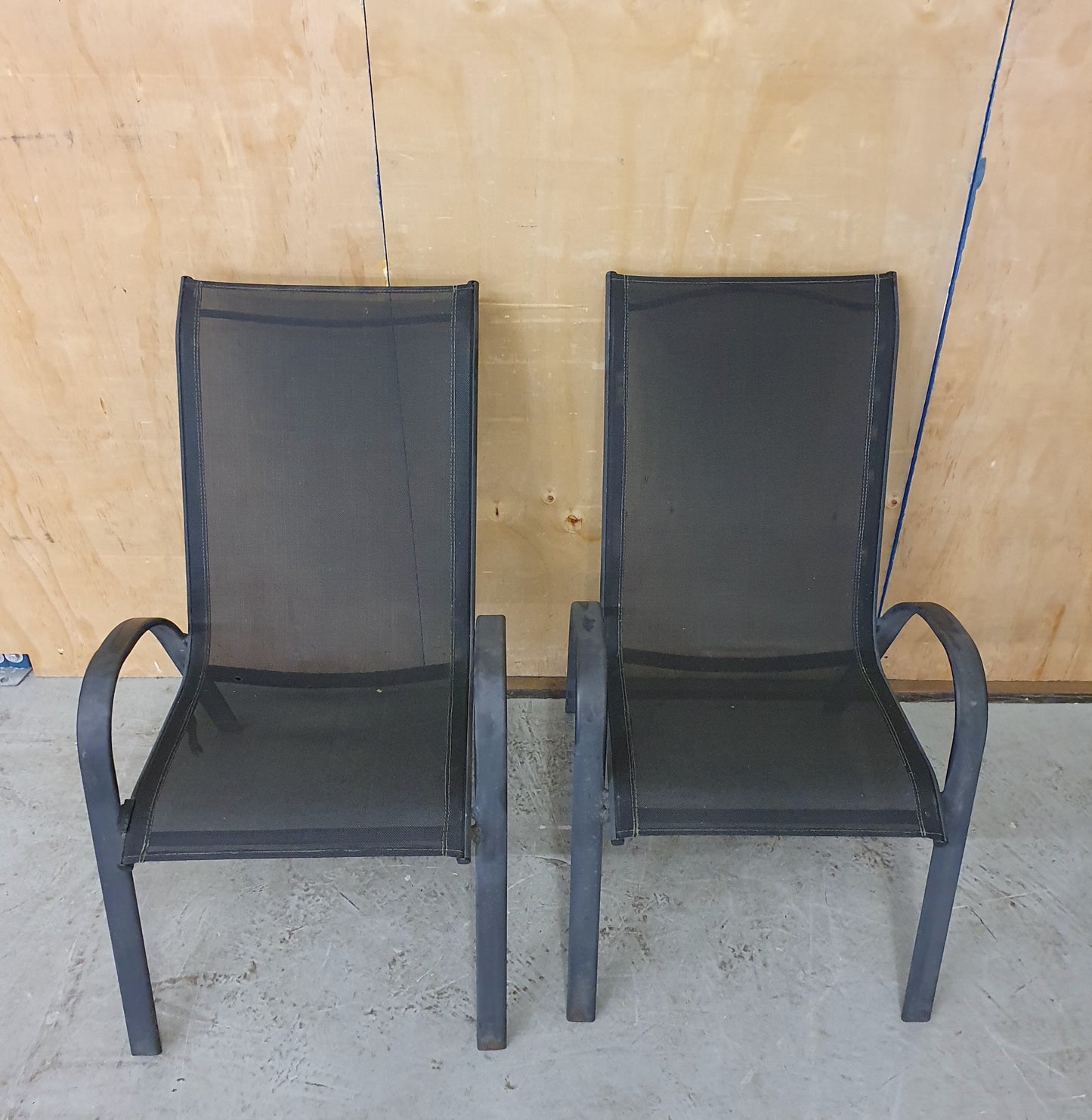 2 Matching Dark Grey Mesh Stackable Garden Chairs with Metal Frame - EL104446 / EL104447