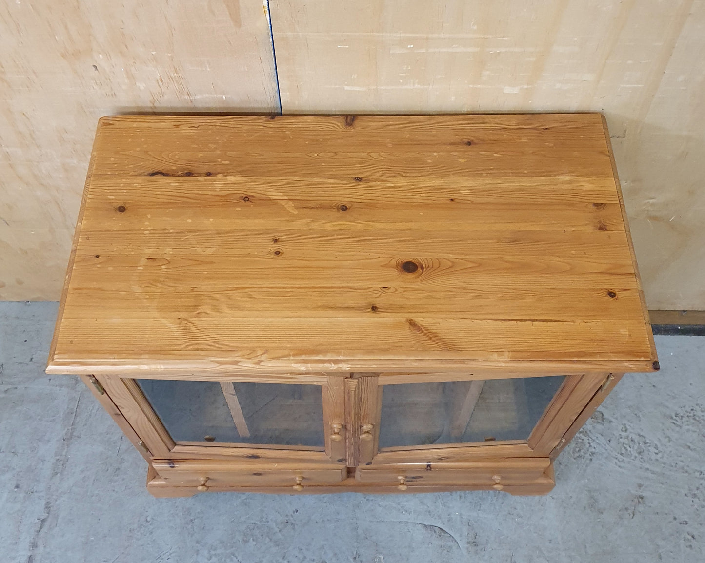 Small Glass Door Pine Cabinet with Drawers and Built In CD Racks - EL104074