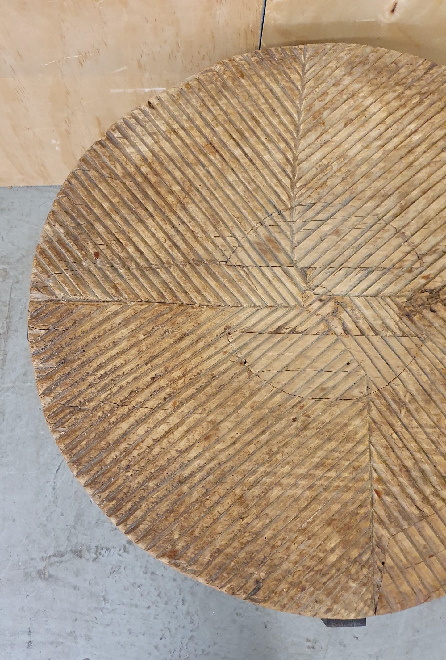 Round Wood Engraved Top Metal Frame Coffee Table - 104174