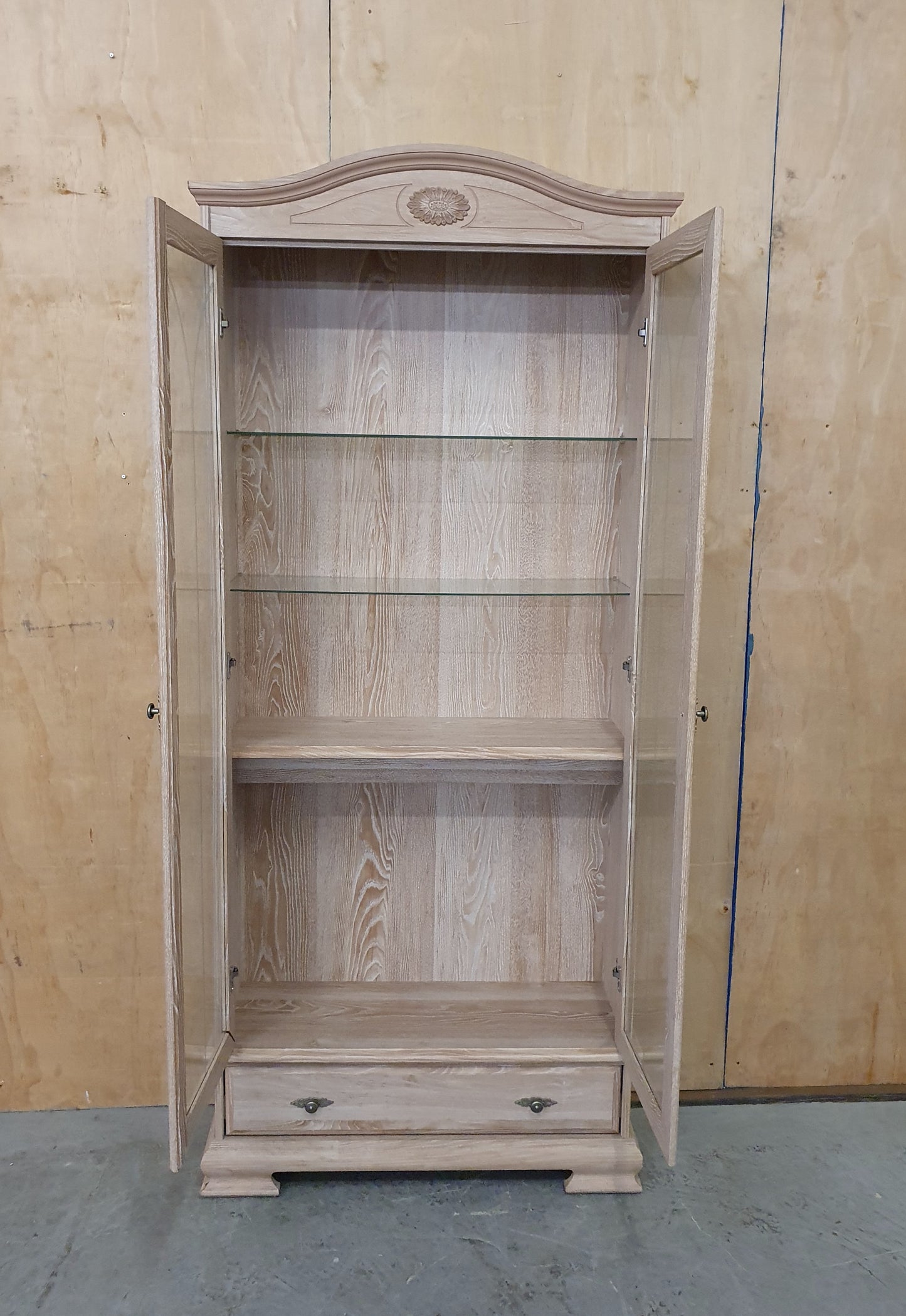 Large Wood Glass Door Cabinet with Bottom Drawer and 2 Interior Glass Shelves - 104708