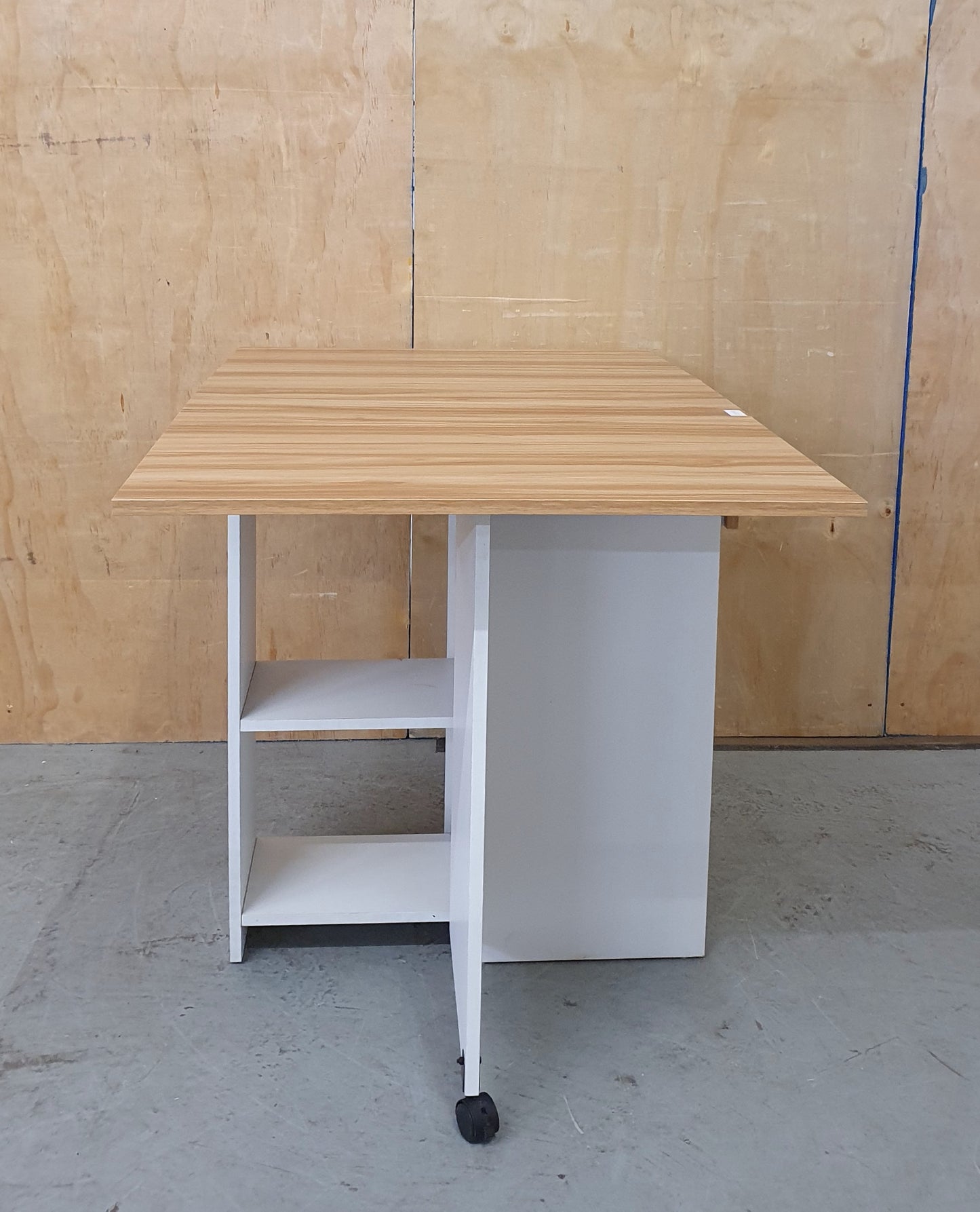 White Wood Drop Leaf Table with Lover Shelving and Castor Wheels - 103780