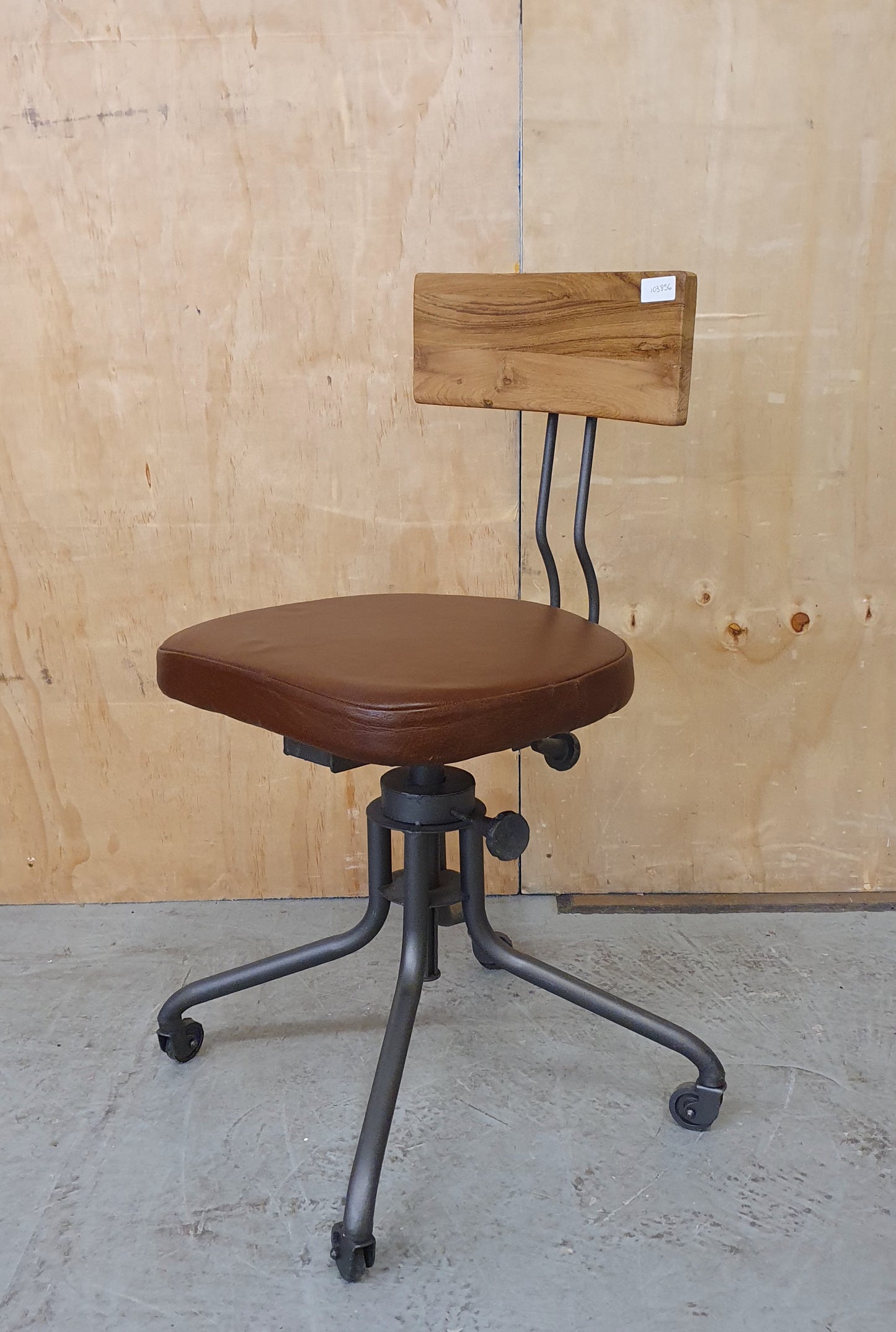 Single Metal Frame Height Adjustable Chair with Wood Back Rest and Brown Leather Seat - 103856