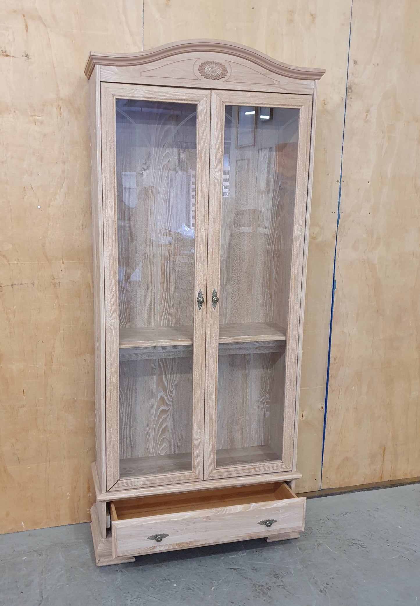 Large Wood Glass Door Cabinet with Bottom Drawer and 2 Interior Glass Shelves - 104708