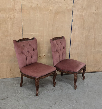 2 Matching Vintage Burgundy Velvet Slipper Chairs with Engraved Cabriole Feet - 140925-01
