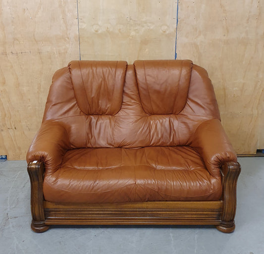 Brown Leather 2 Seater Sofa with Decorative Wooden Frame - 103093